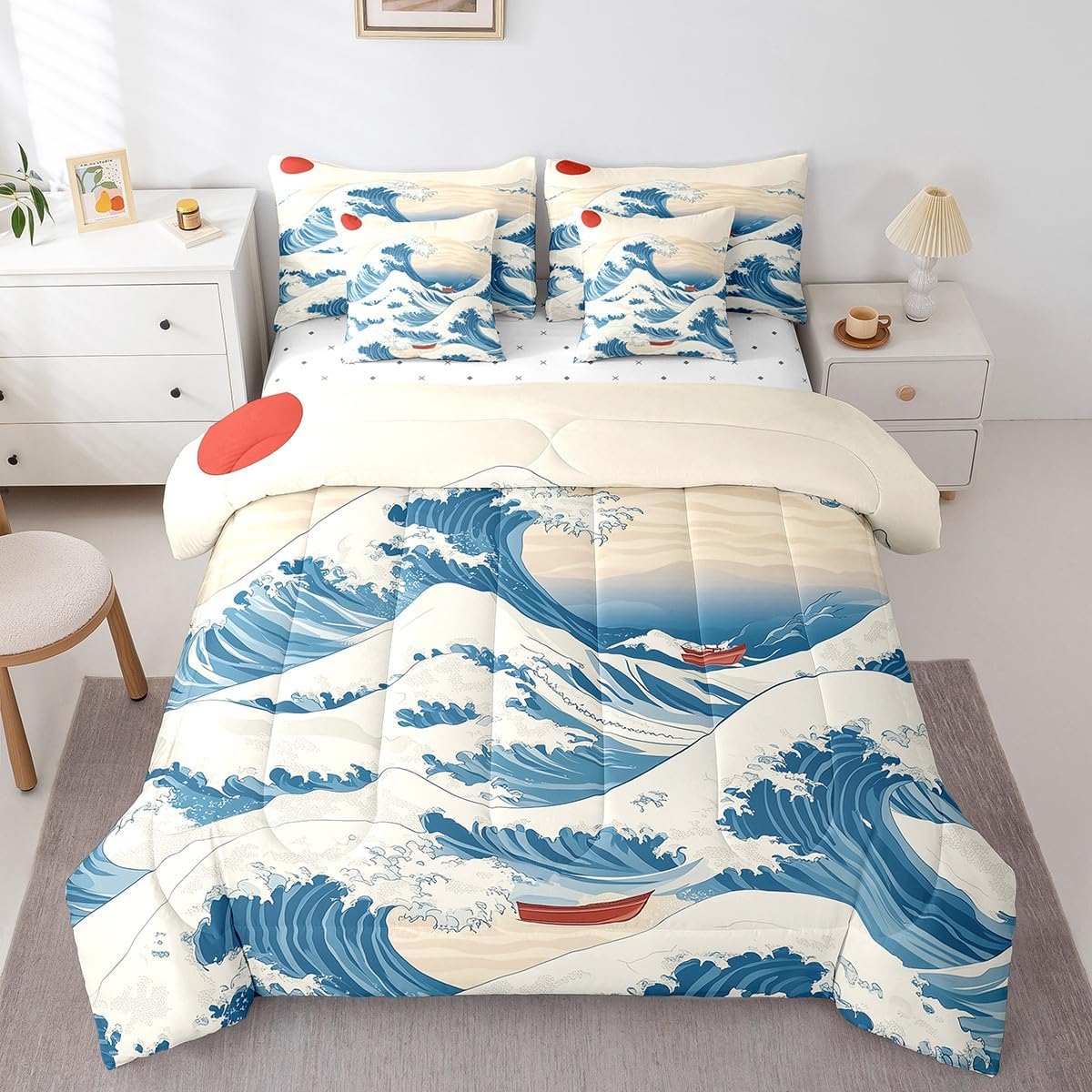 jejeloiu Japanese Wave Sunset Sea Waves 7 Pieces Bedding Set Full Size image 3