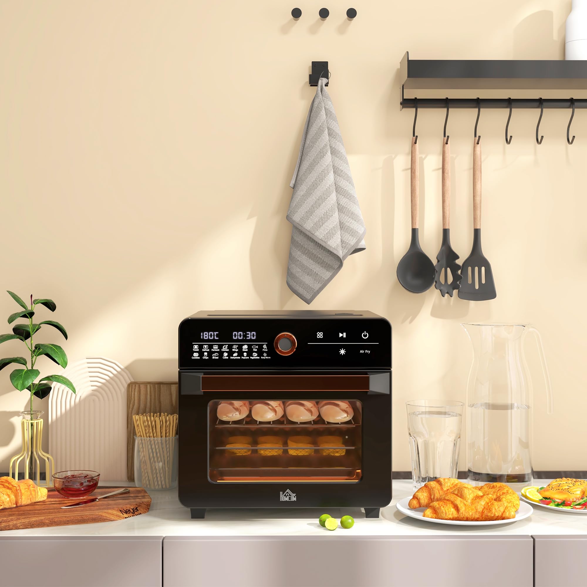 HOMCOM Mini forno a convezione 20L 3 in 1 Mini forno con griglia, teglia e vassoio per le briciole, friggitrice ad aria calda 40 °C-220 °C con cestello per frittura, timer, luce interna, 1400W,