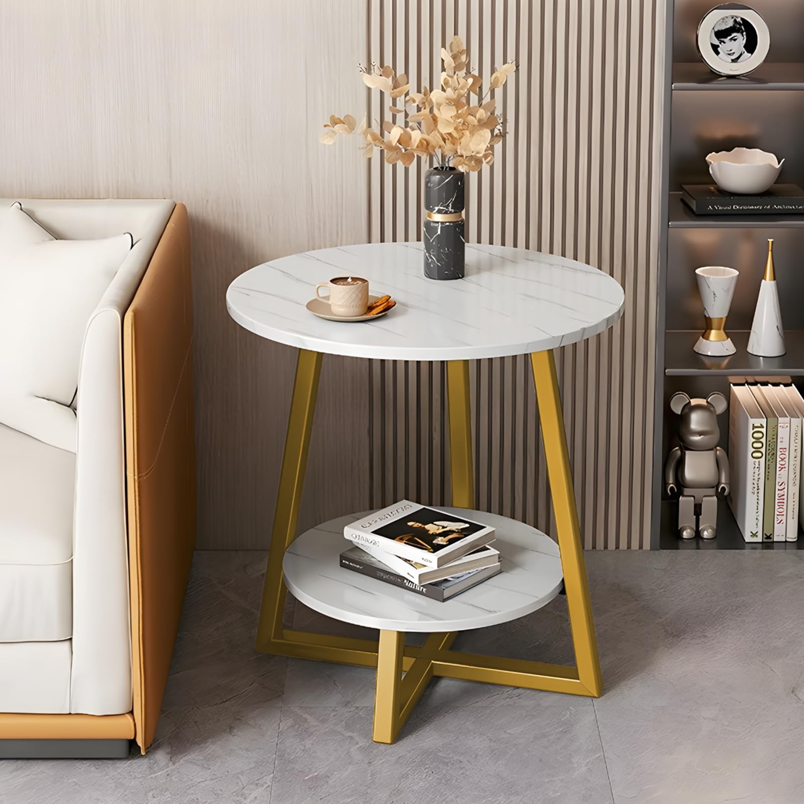 Mesa de Centro Redonda Nido,Mesas Auxiliares de Sofá con Acento Moderno, con Marco de Metal Cruzado y Tablero de Densidad para Sala de Estar, Dormitorio, Ofici (Marco Blanco y Dorado)