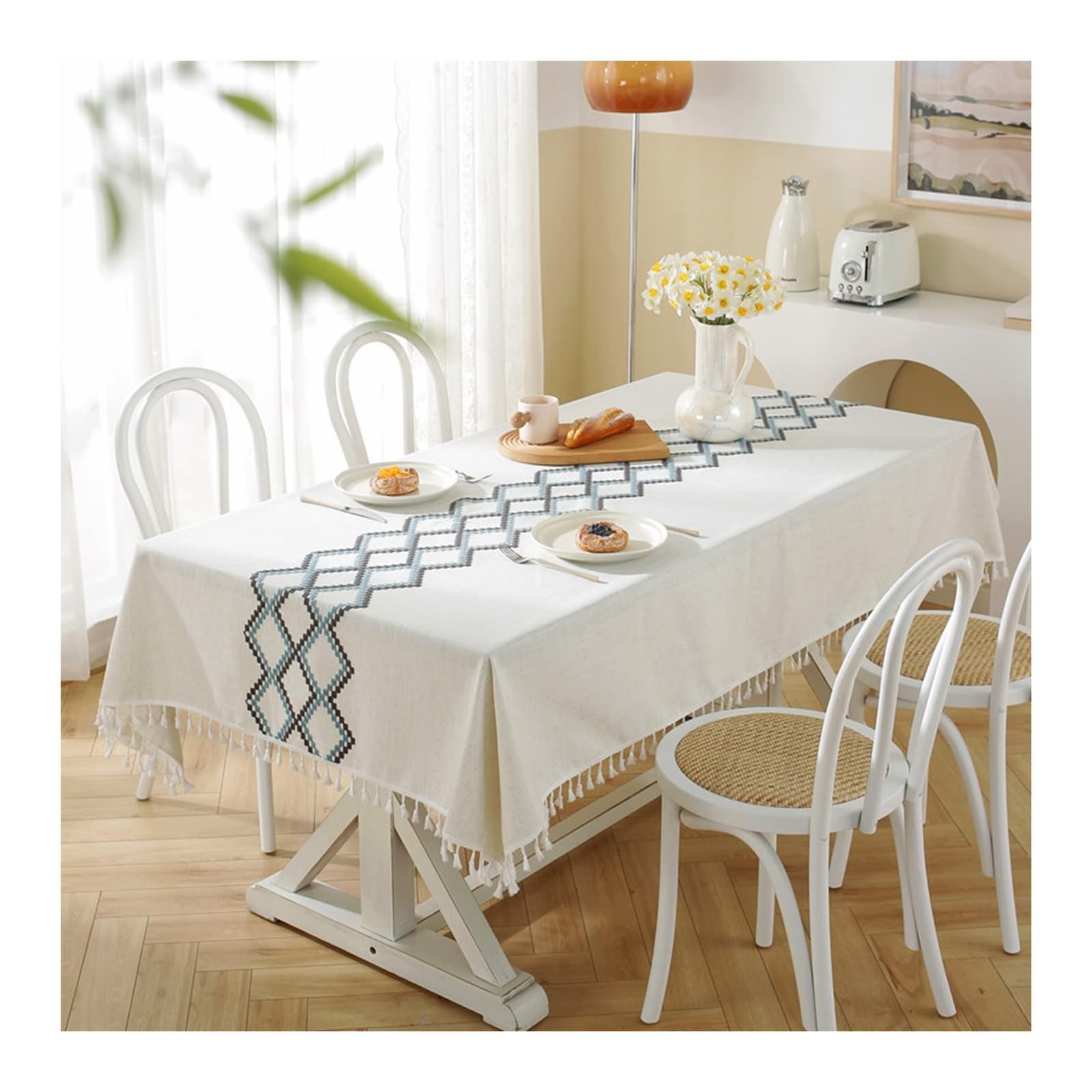 Daesar - Mantel Barato Rectangular,Mantel Mesa Poliéster Lino Bordado de Geométrico con Borlas Mantel Lavable Antimanchas Azul,140x200CM(79x55Inch)