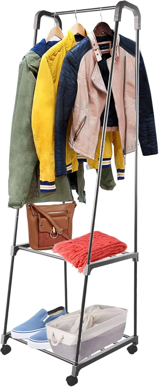 DIVCHI Portable Heavy Duty Garment Rack On Wheels With Two Shelves For