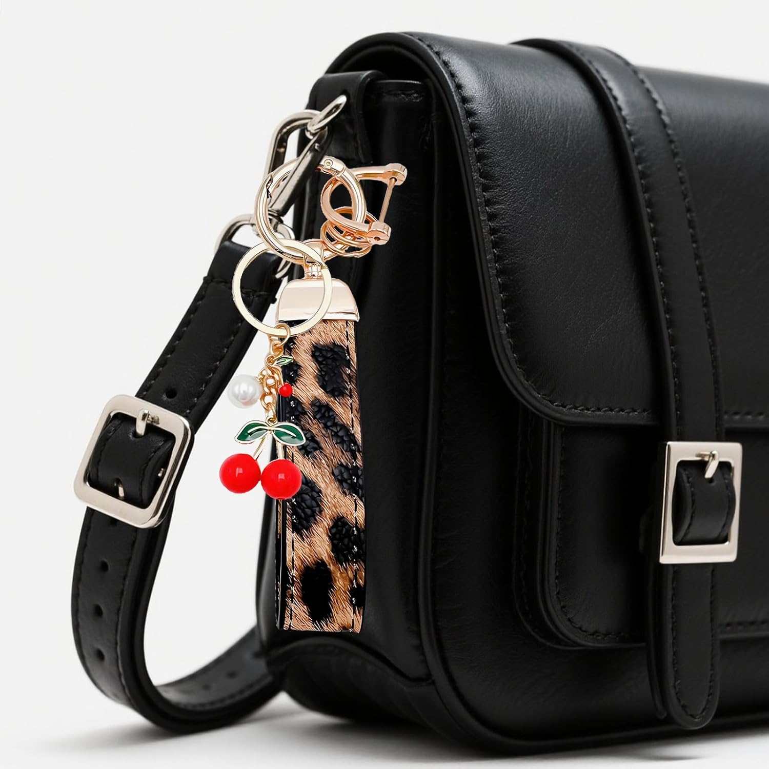 Cherry Keychain Pearl Purse Charm Leopard Leather Keychain Wristlet Cherry Bag Charm Accessories for Women Trendy - Image 2