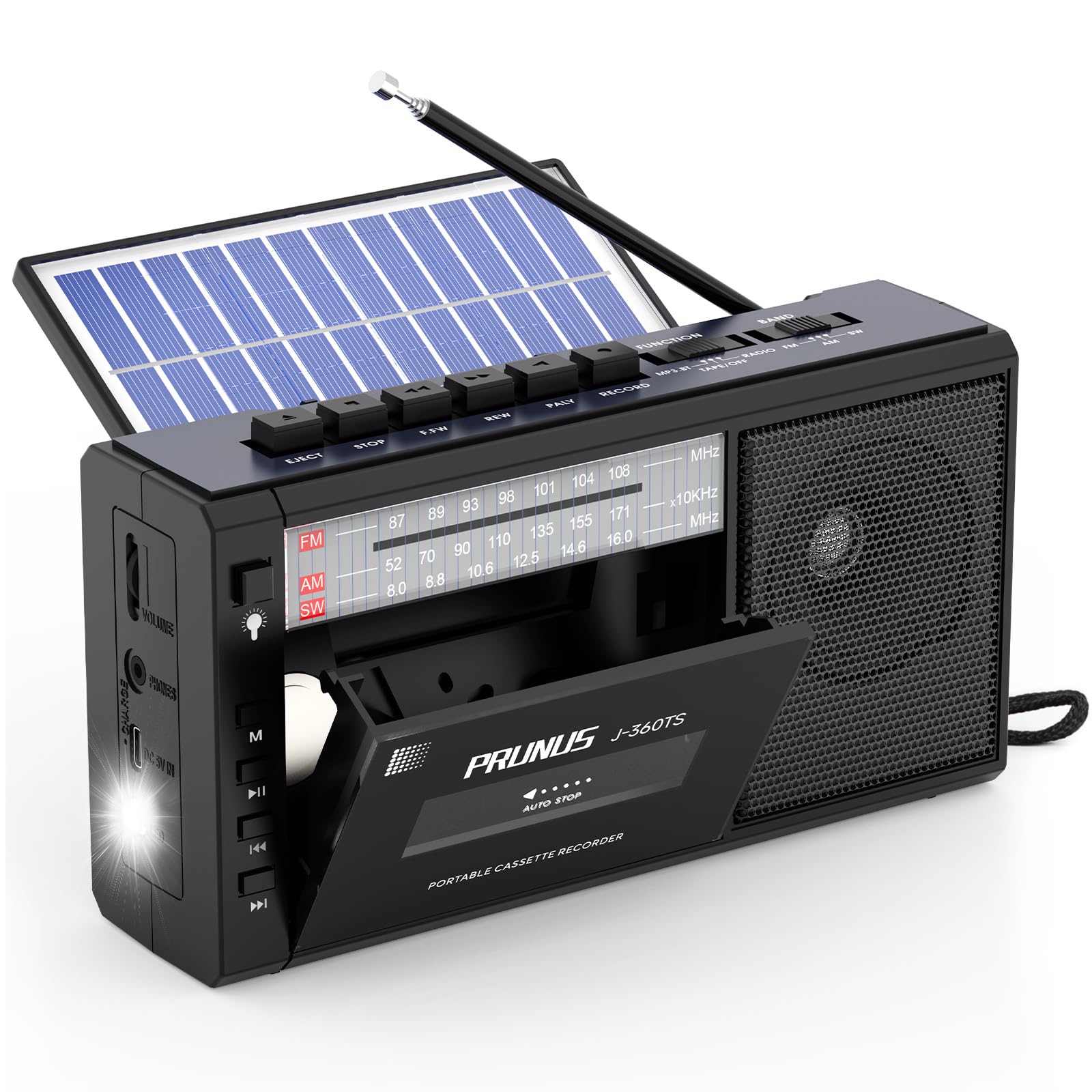 PRUNUS J-360 Radio Cassette AM/FM/SW Portatile con Bluetooth, Solare/Batteria Ricaricabile, Torcia, USB, TF Card