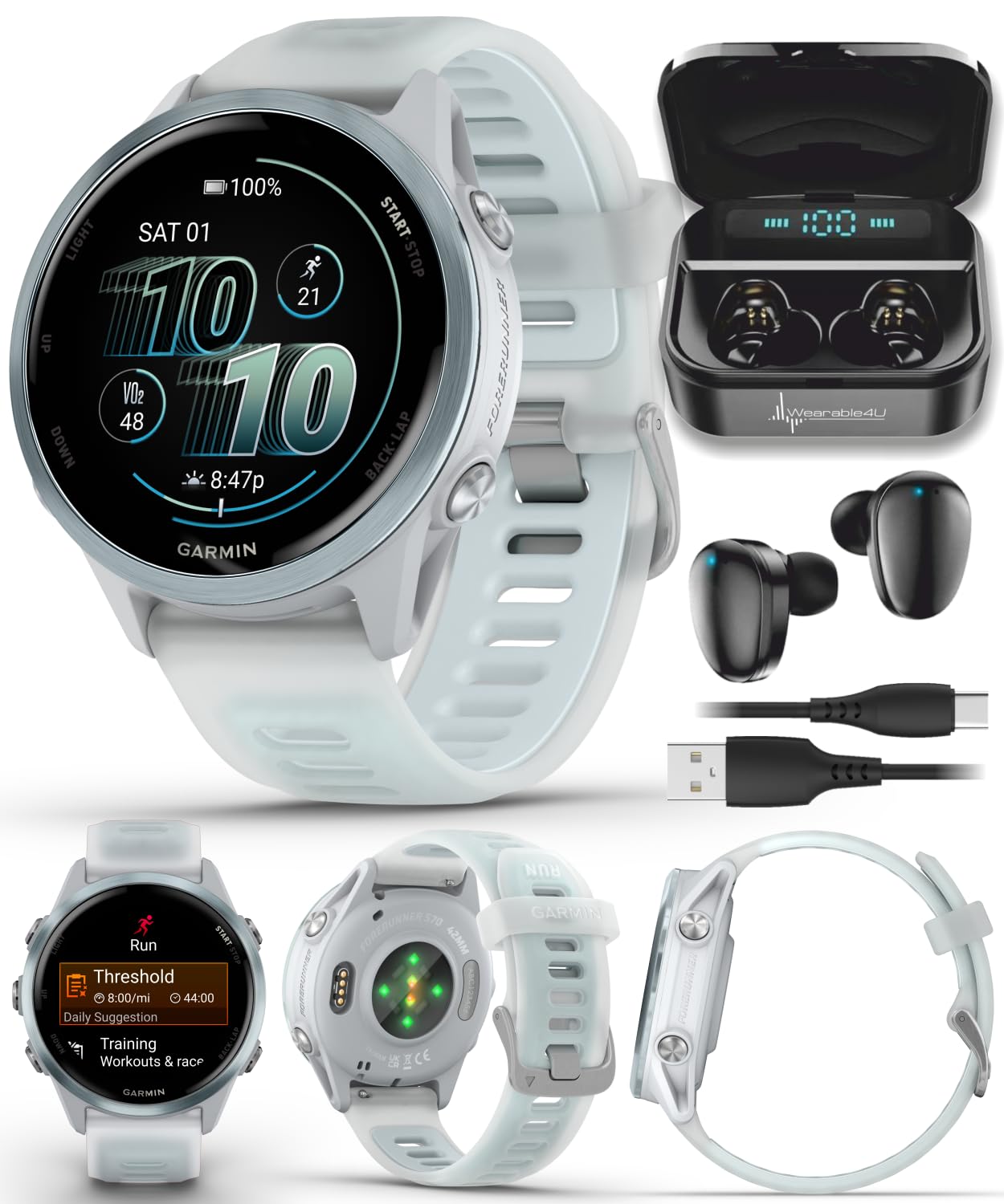 Garmin Forerunner 570 42mm Advanced GPS Running &amp; Triathlon Smartwatch AMOLED Display Training &amp; Recovery Cloud Blue Aluminum w/Translucent Whitestone/Cloud Blue Band w/Wearable4U Black EarBuds Bundle