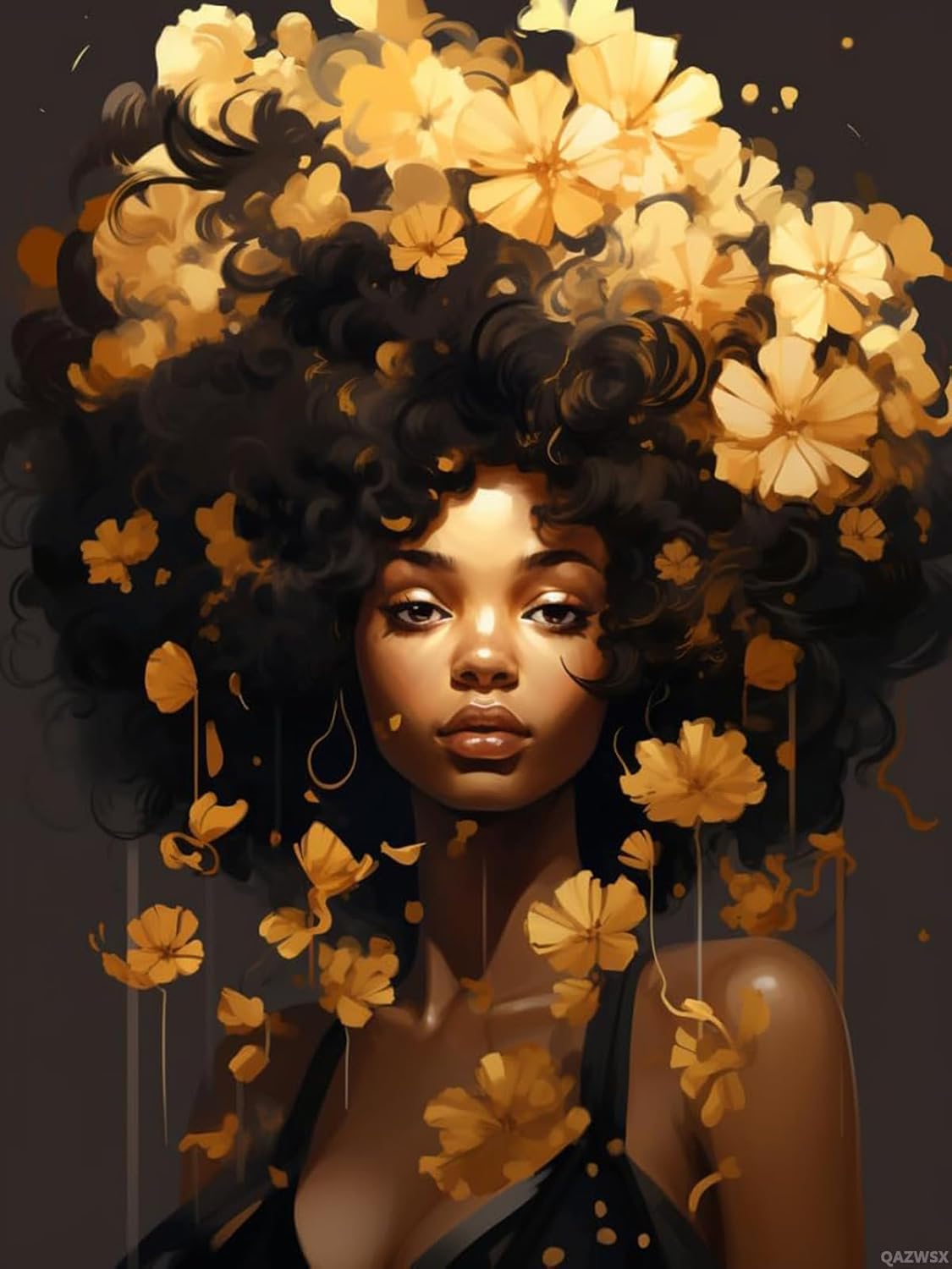 Christmas Gift Black Woman Gold Flowers 5D Full Round Drill Diamond Painting Kits by Number for Adults Beginner Diamond Painting Beads Art Crystal for New Year Valentine's Day Decor Gift 12x16 inch