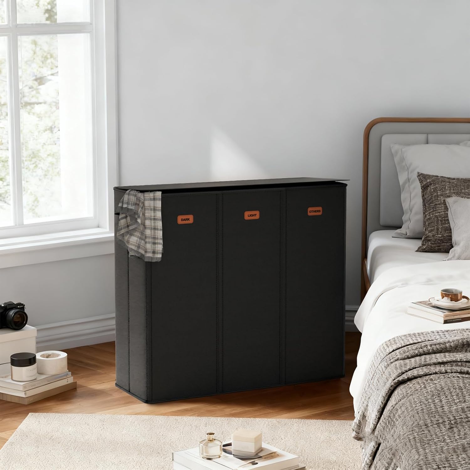 185L Laundry Hamper 3 Section with Lid, Black Dirty Clothes Hamper with 3 Removable Laundry Bags, Large Laundry Basket for Bedroom, Laundry Room, Dorm