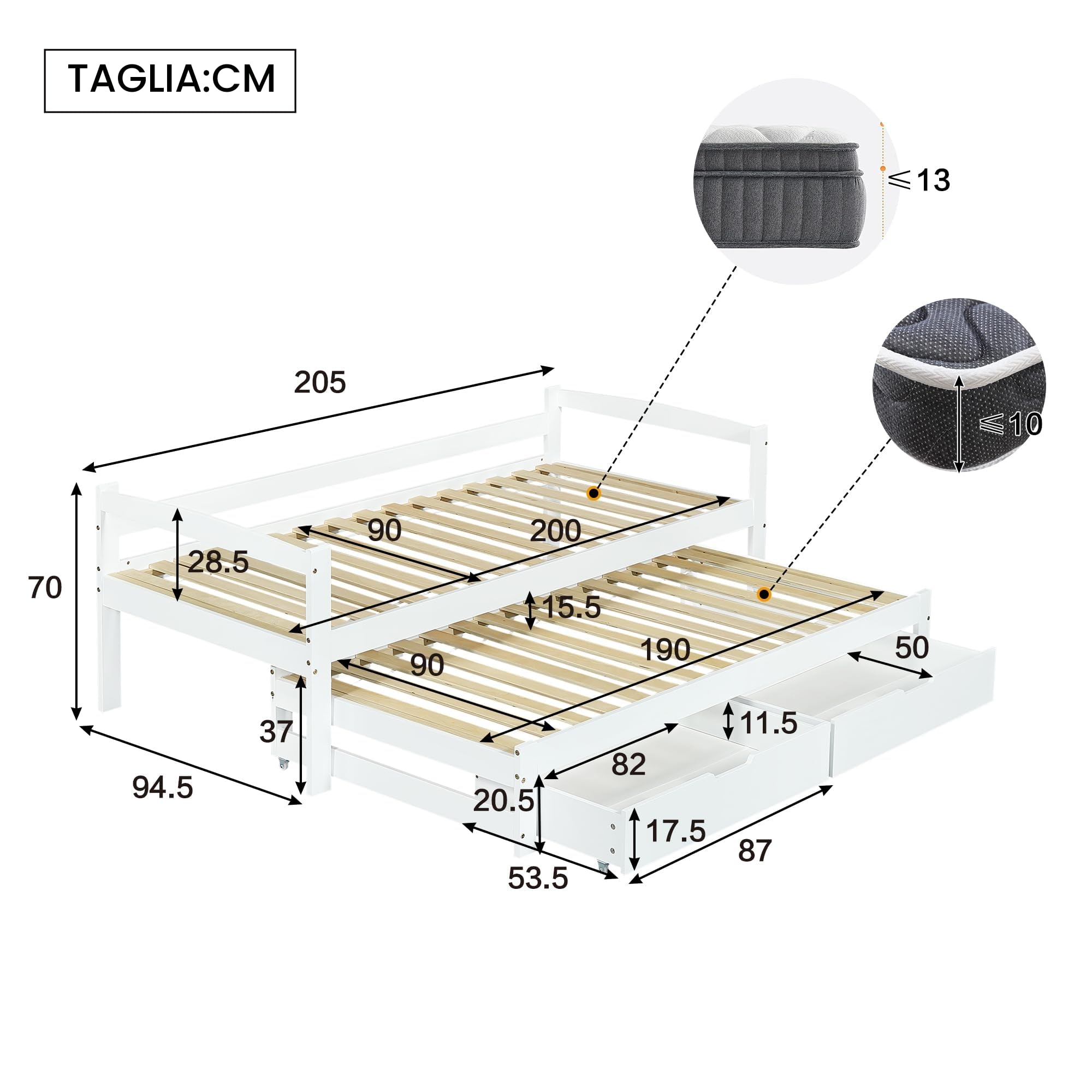 Moimhear Letto singolo e matrimoniale, letto scorrevole con ruote in basso, con 2 cassetti in MDF, struttura in legno massello, bianco (90x200cm/90x190cm)