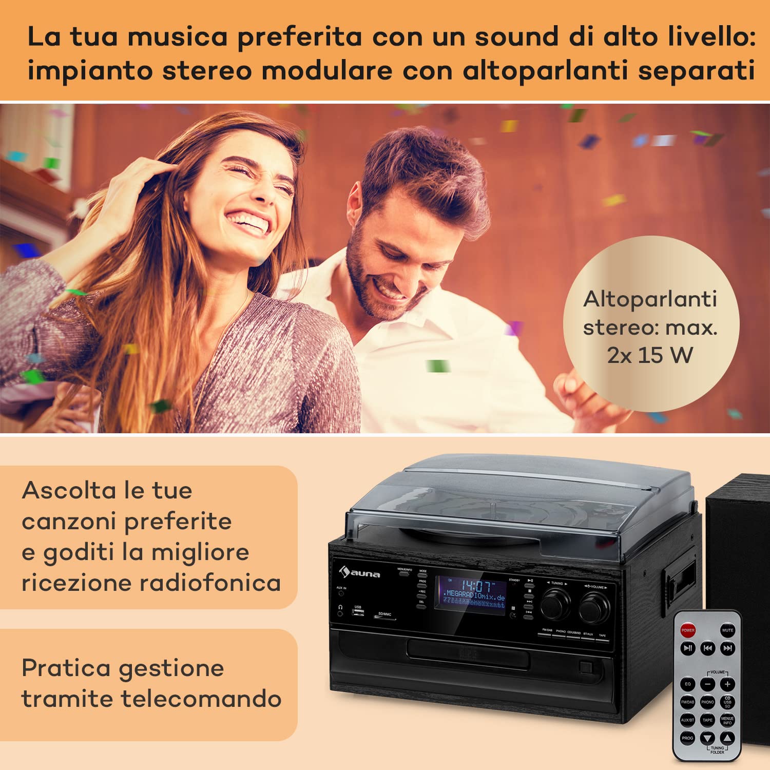 Auna Giradischi Bluetooth per Dischi in Vinile, Lettore Vinile a 3 Velocità di Riproduzione, Giradischi Vinili Vintage con Casse Stereo, AUX, Gira Dischi per Vinile con Jack per Cuffie e Lettore CD