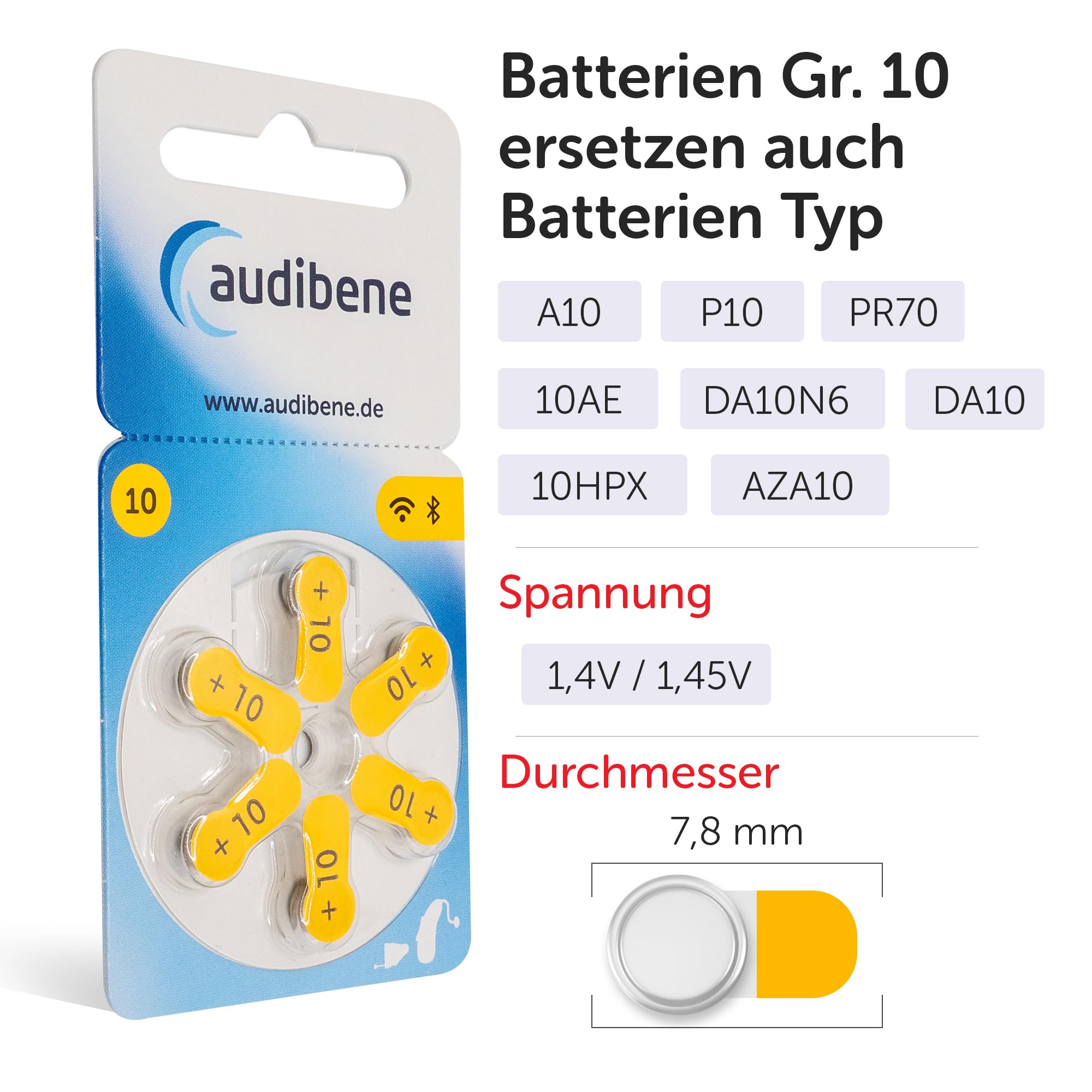 Audilo Premium Hörgerätebatterien Größe 10 (Gelb) – 60 Stück, Quecksilberfrei, Zink-Luft, Lange Haltbarkeit