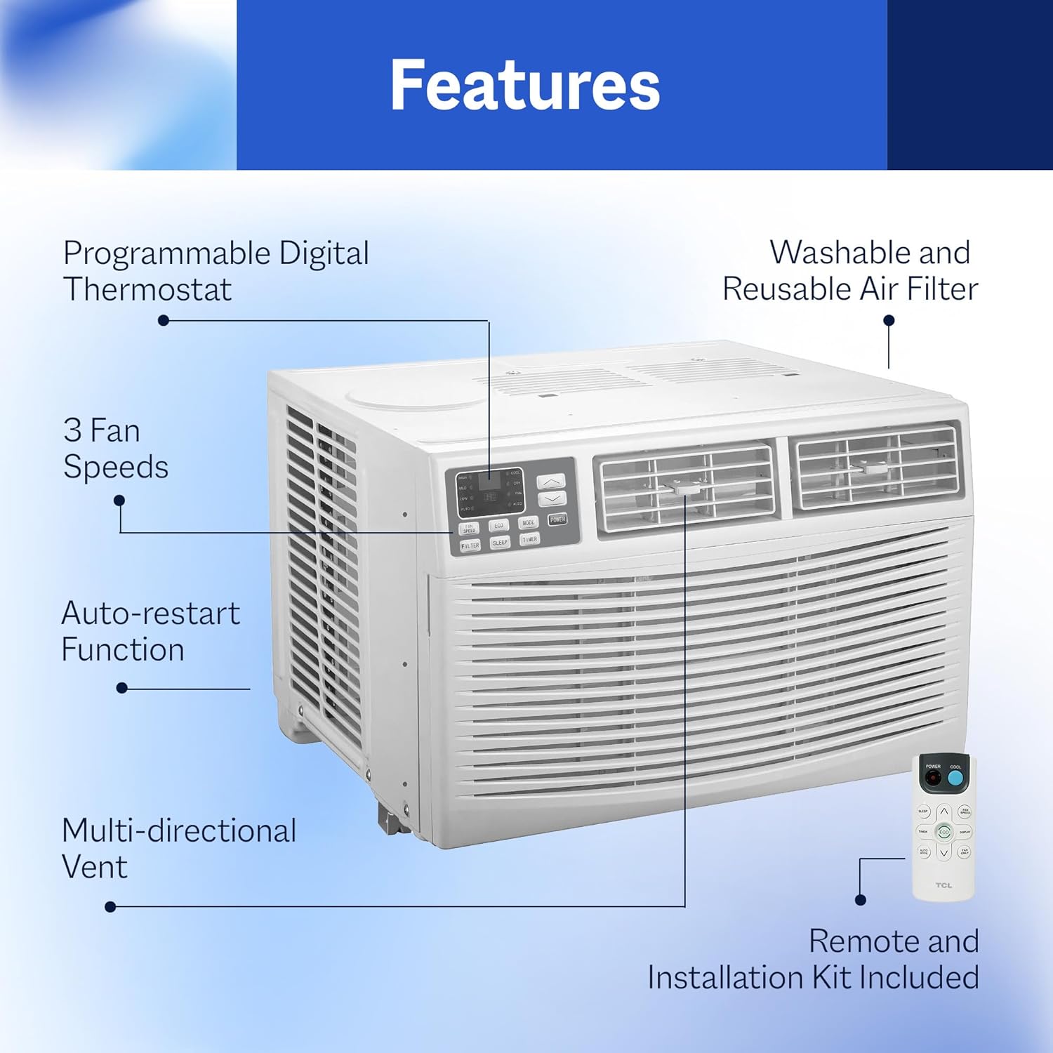 Diagram showing features of the air conditioner including digital thermostat, fan speeds, auto-restart, multi-directional vent, washable filter, and remote control.