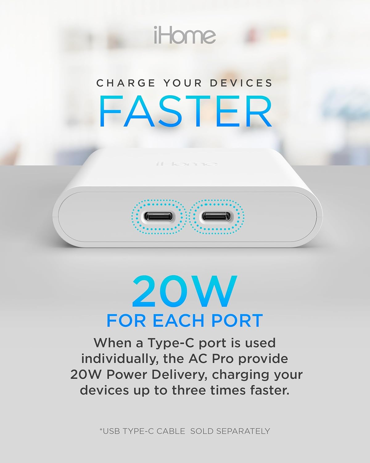 iHome Multiport 40W USB-C Charger, AC Pro 2-Port Flat Block, Dual Fast Charging Wall Adapter - Image 6