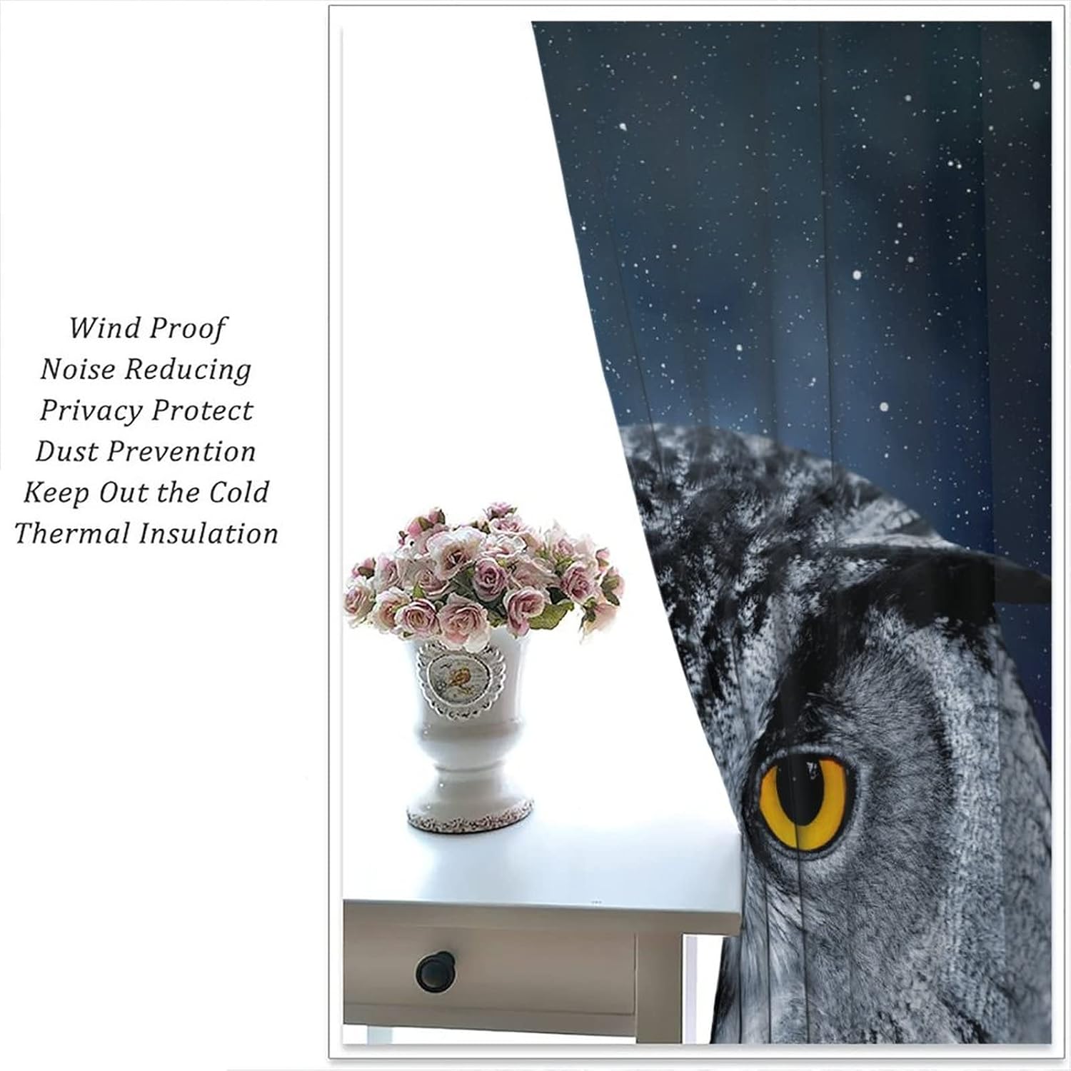 Moon Owl Blackout Curtains Starry Sky Night View Bird Animal Black White Art Print for Living Room Bedroom Kitchen Decor Rod Pocket Window Drapes 2 Panels 42x45in