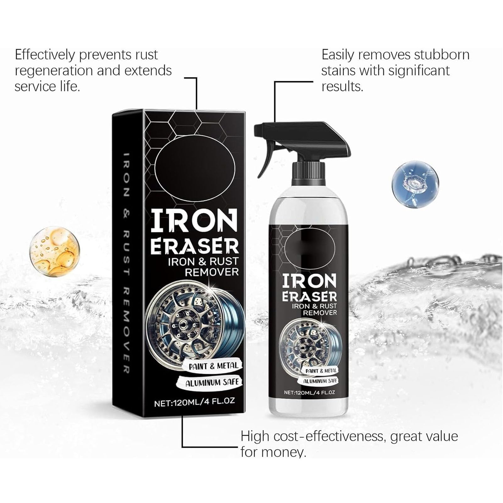 Generico Iron Eraser Spray Rimuovi Ruggine, Spray Rimuovi Polvere di Ferro per Cerchi Auto E Superfici Metalliche, Detergente per Polvere Freni E Cerchi, Spray per Pulizia Auto, 120 Ml (3pcs)