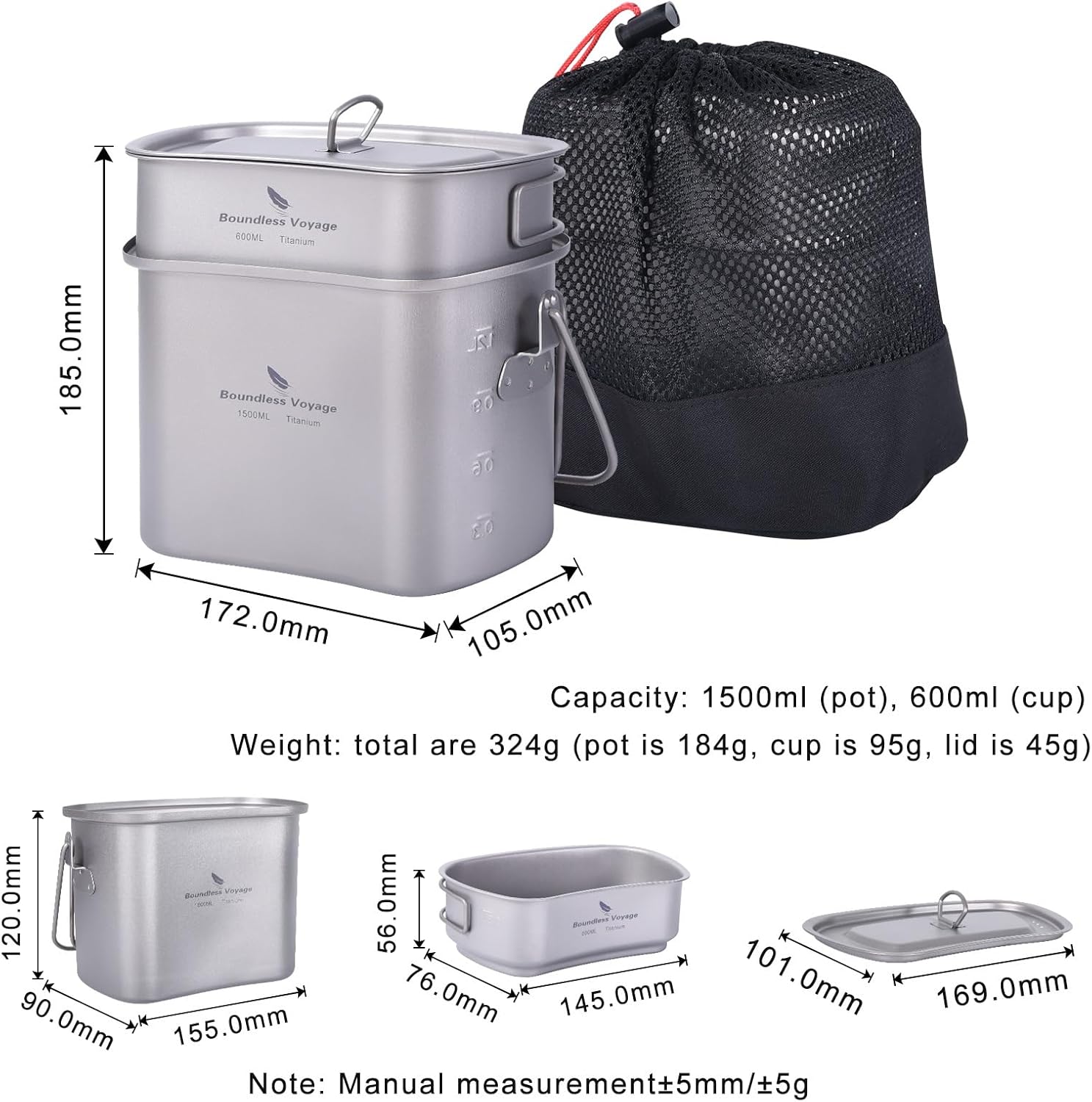 Boundless Voyage Titanium Camping Cookware Set 1500ml & 600ml Military Mess Kit with Lid Ultralight Backpacking Pot & Cup with Folding Handles for Hiking, Travel Portable Outdoor Cooking Kit Ti2059C