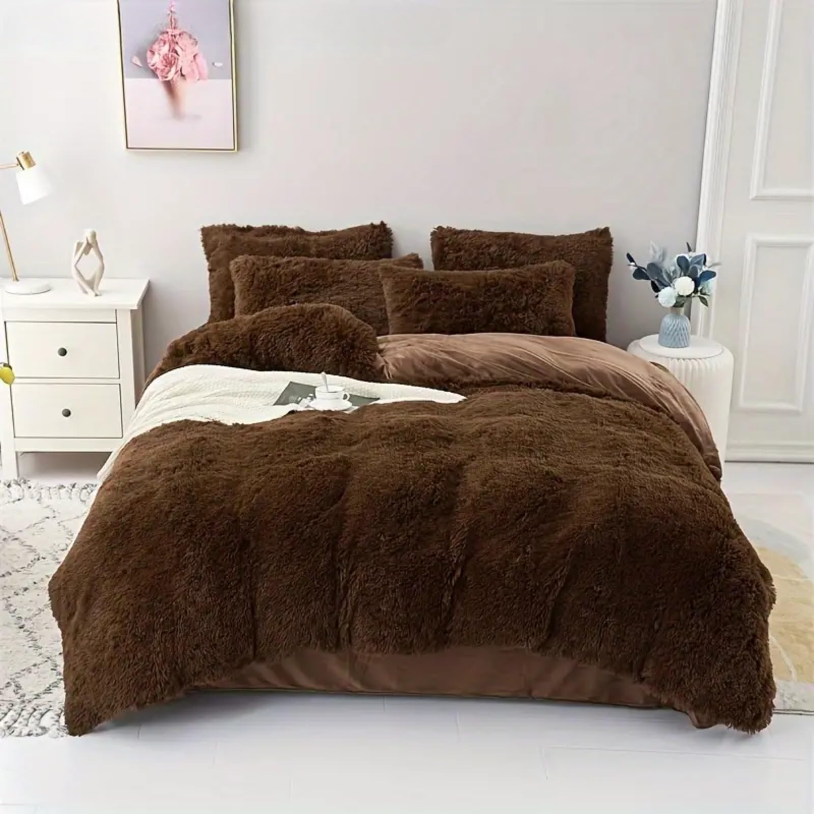 Parure de lit 3 pièces en peluche à poils longs marron 220x240