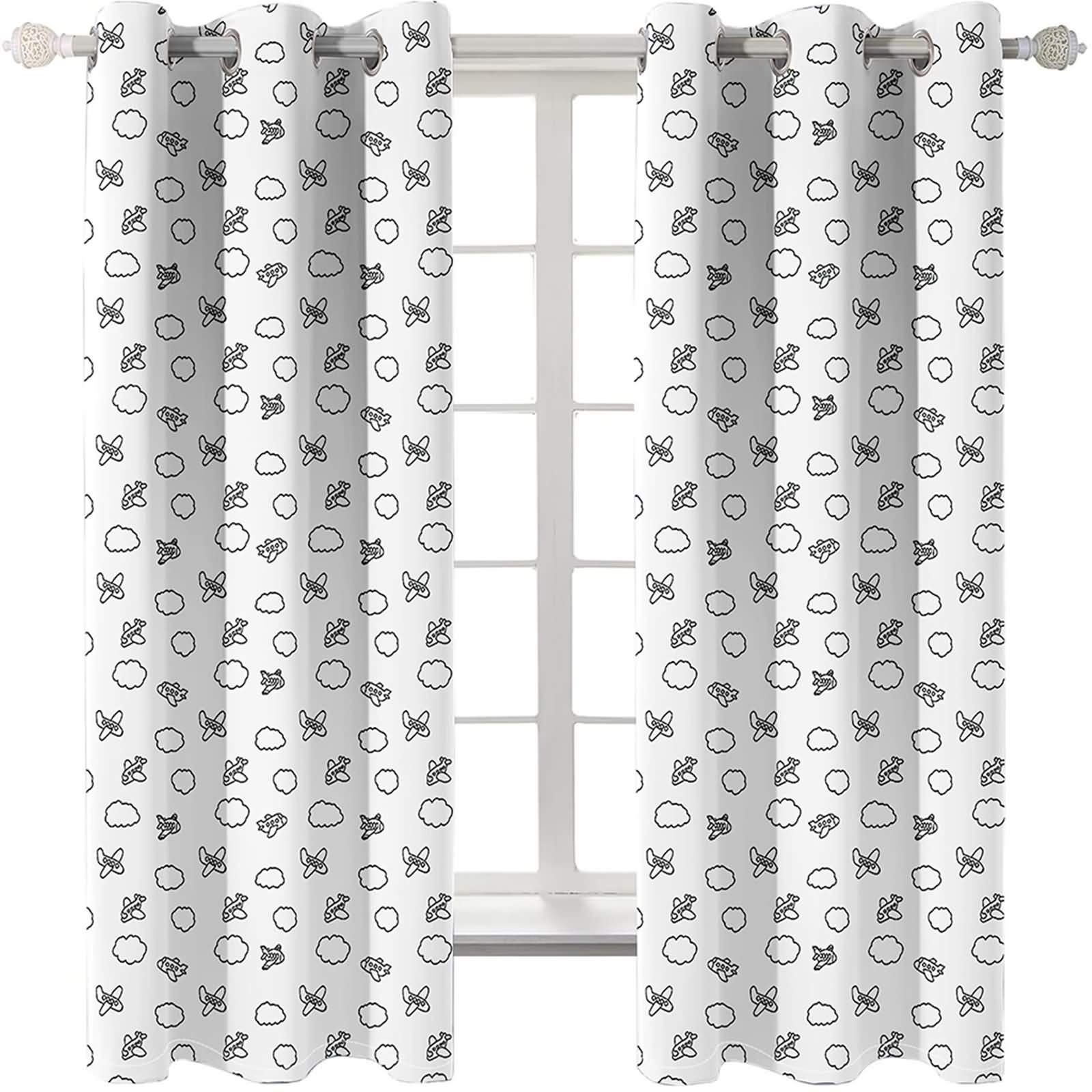 AMDXD Lot de 2 Rideaux Occultants, Rideau Polyester Extérieur Avions et Nuages Rideau Exterieur Porte, Noir Blanc, 264x138CM