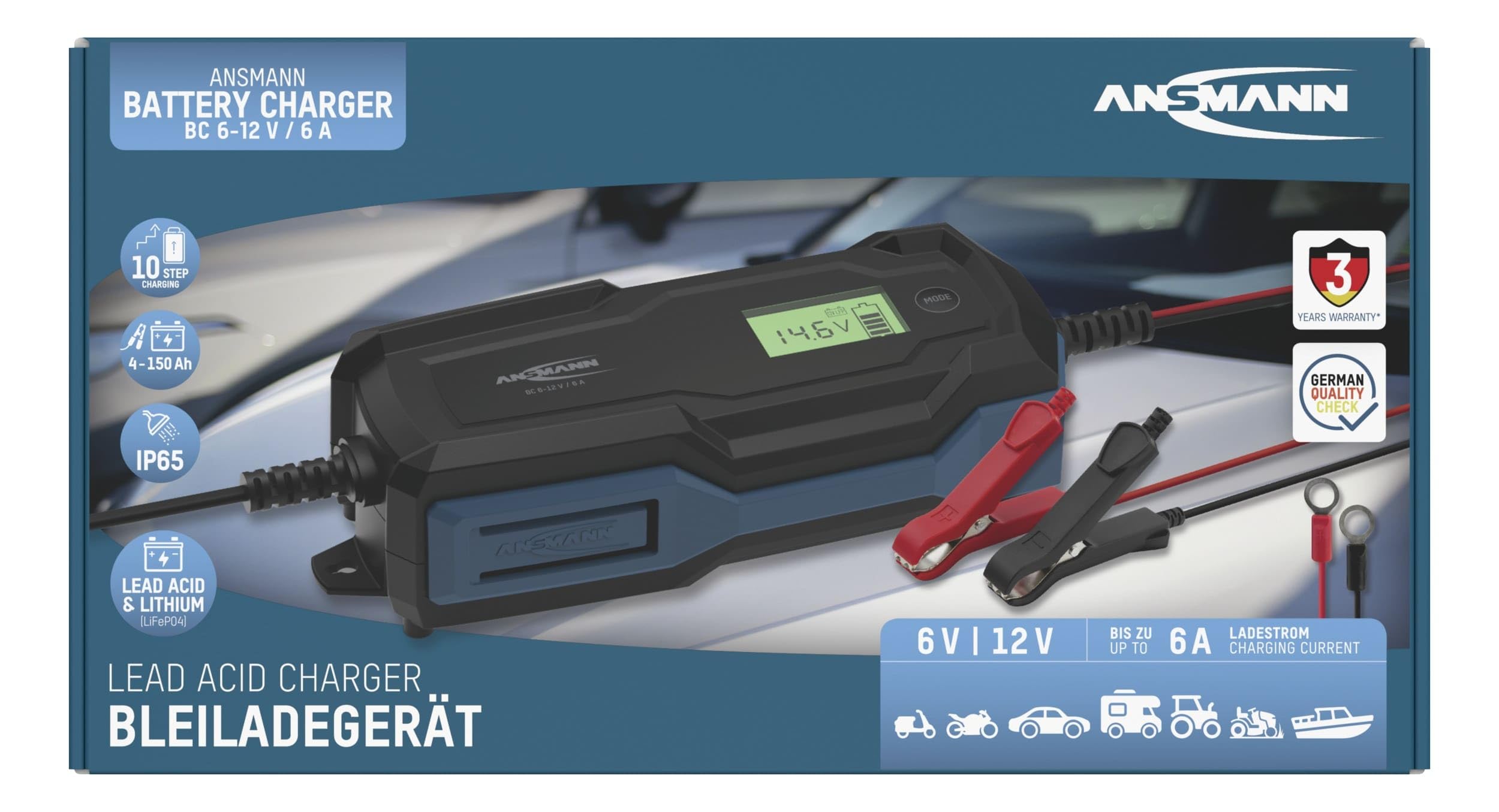 ANSMANN Cargador Inteligente de 10 Pasos 6 V 12 V/6 A con Pantalla LCD para baterías Plomo-Acido, Plomo-Gel y Plomo-Lies, así como baterías de 12 V LiFePo4 para Coche, Moto y Furgoneta