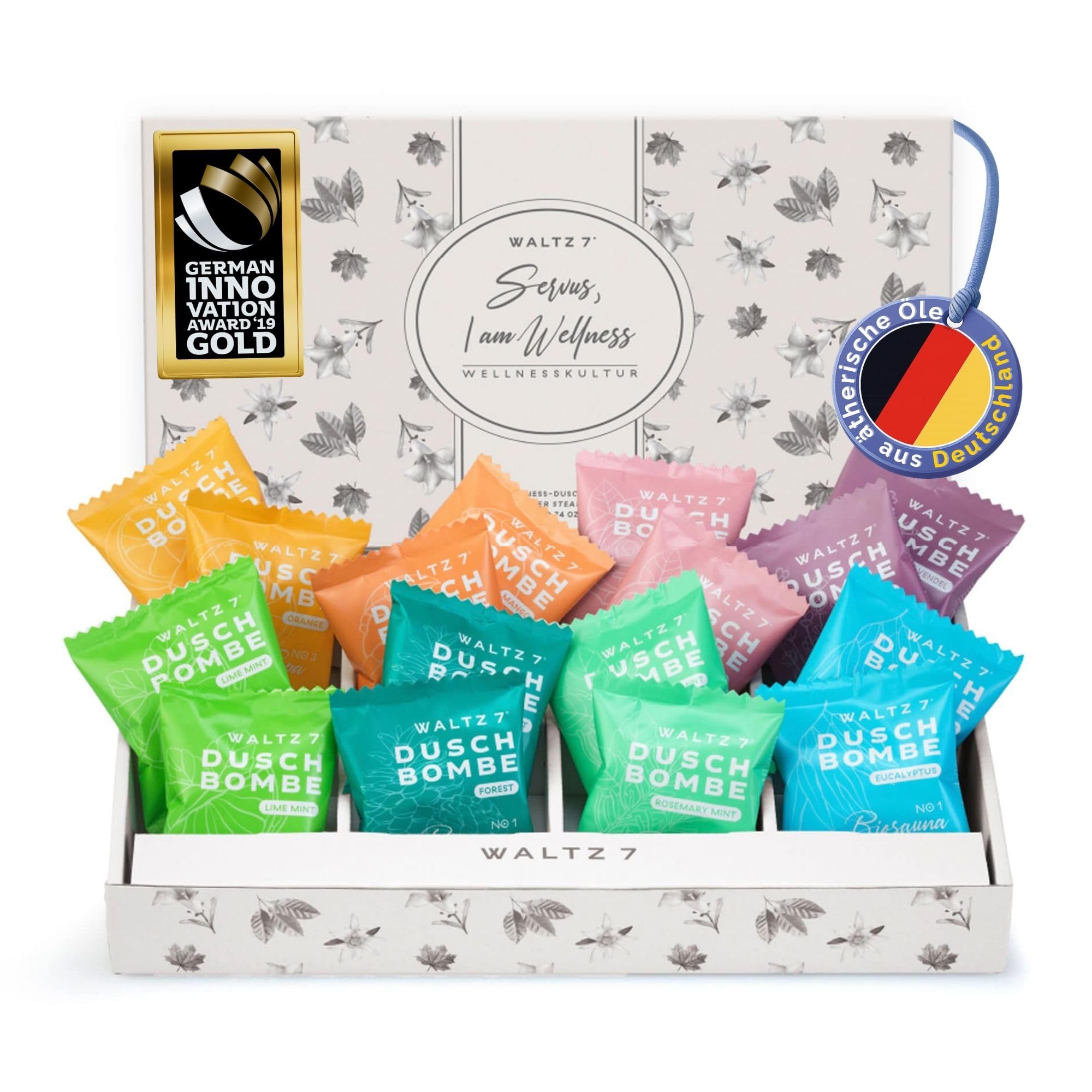 WALTZ 7 Original Duschbomben Wellness Set, 16 Stück, 8 Düfte, Ostern Geschenke Erwachsene, Dankeschön Geschenk für Frauen, Männer, Badebomben Dusche, ätherische Öle, Geburtstagsgeschenk Freundin, Mama