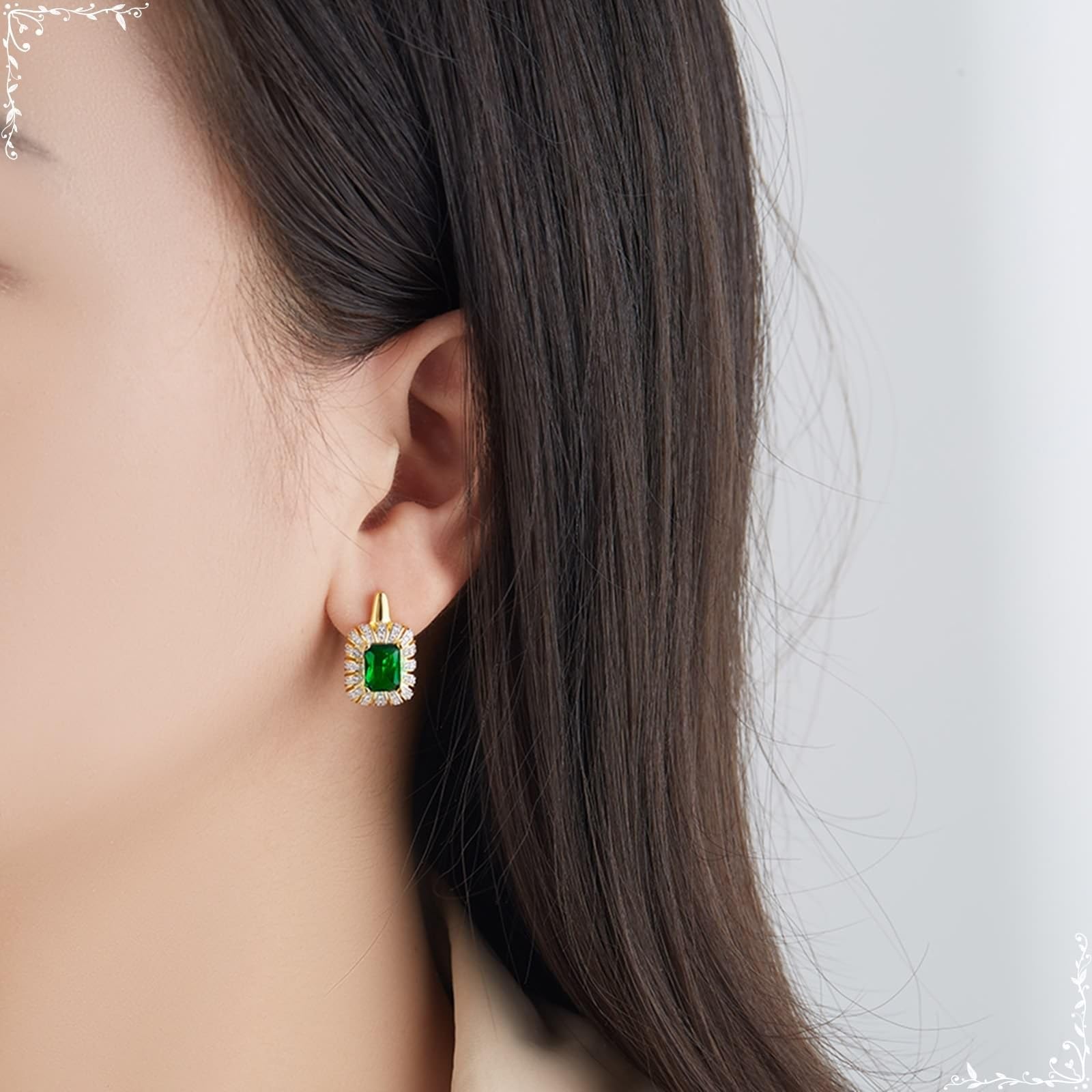 AMDXD Pendientes de oro amarillo 14 K 585, joyas de oro auténtico, clásicos pendientes de aro con talla baguette tsavorita, oro Au585, pendientes pequeños