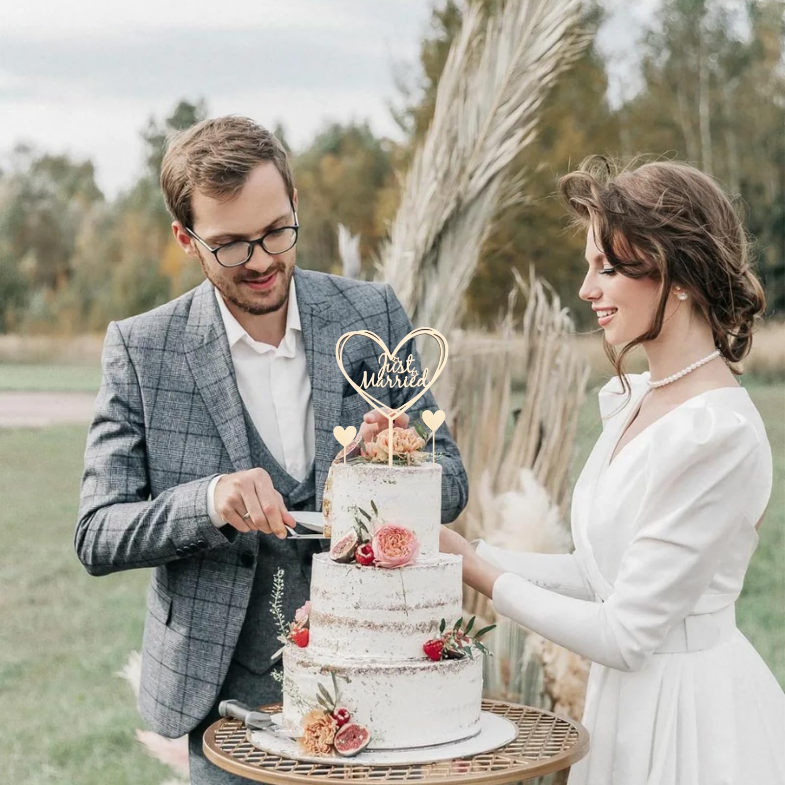 Just Married Wooden Cake Topper - Rustic Double-Sided Wedding Decoration, 7.48" X 5.12"