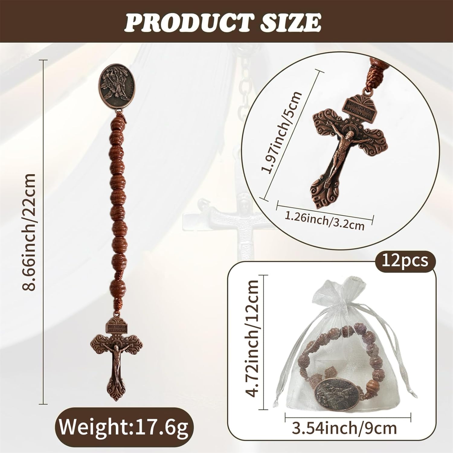 Bovemee Saint Benedict Medal Prayer Pocket Rosary Catholic Brown Wood Beads with Medalla de san benitol and Crucifix, 9 Inch - Image 2