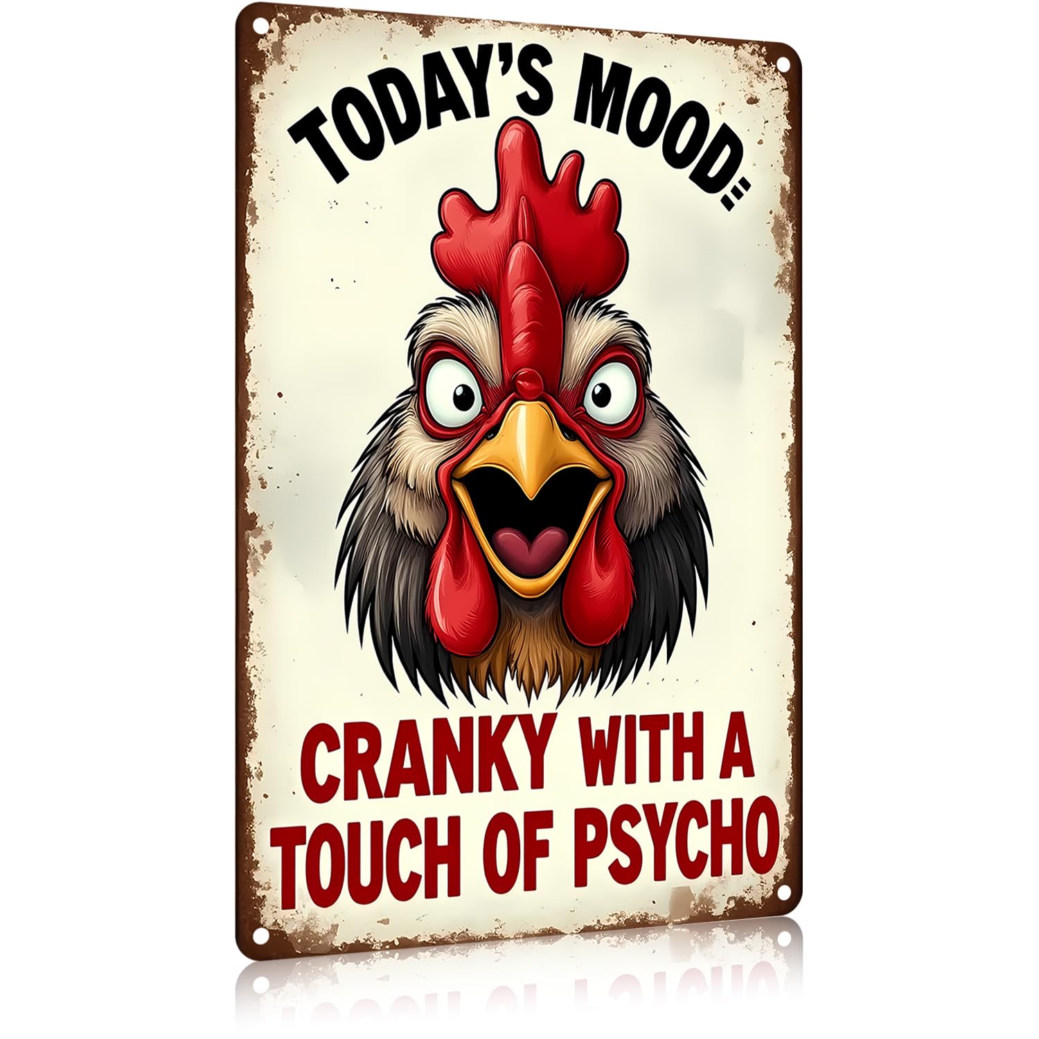 FunnySign Rooster Décor Today's Mood: Cranky With A Touch Of Psycho Rustic Tin Sign For Home Farm Chicken Coop Decor 8x12 Inch (9712)