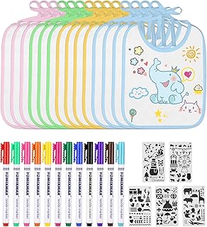TIDEVAN 14 Baberos Bebe Blanco, DIY Baberos Bebé Baberos Blancos para Pintar con 12 Marcadores de Tela de Colores y 5 Plantillas para Pintar, Regalo de Fiesta de Babyshower DIY (22x 18 cm)