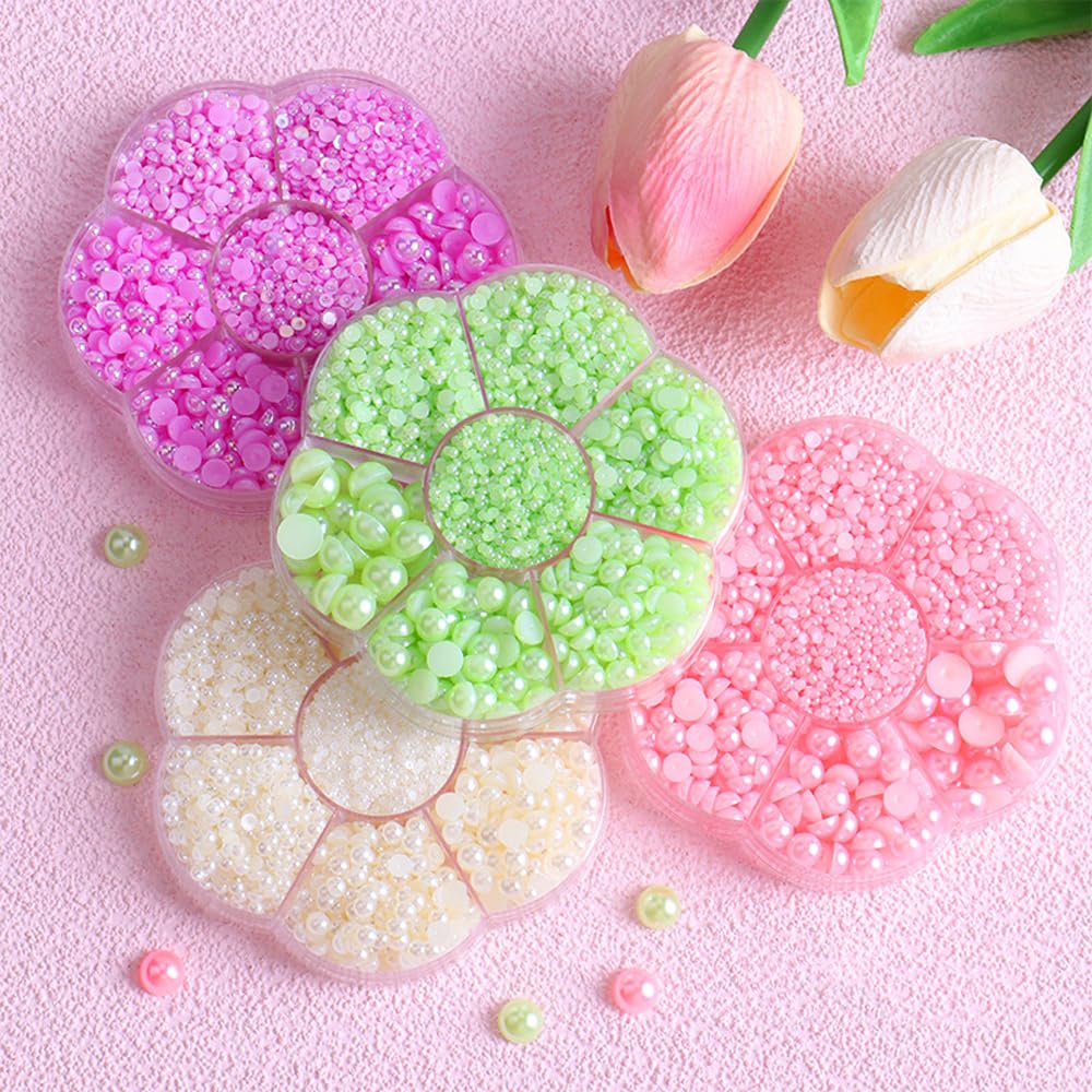 5800 Pcs Pink Half Pearl Nail Charms and Flatback Pearls for Nail Art Craft - YEFIUO 3.5 OZ - 7 Sizes Resin Half Pearls DIY Rhinestones Face Gems Jewels Embellishments for Crafting and Decoration