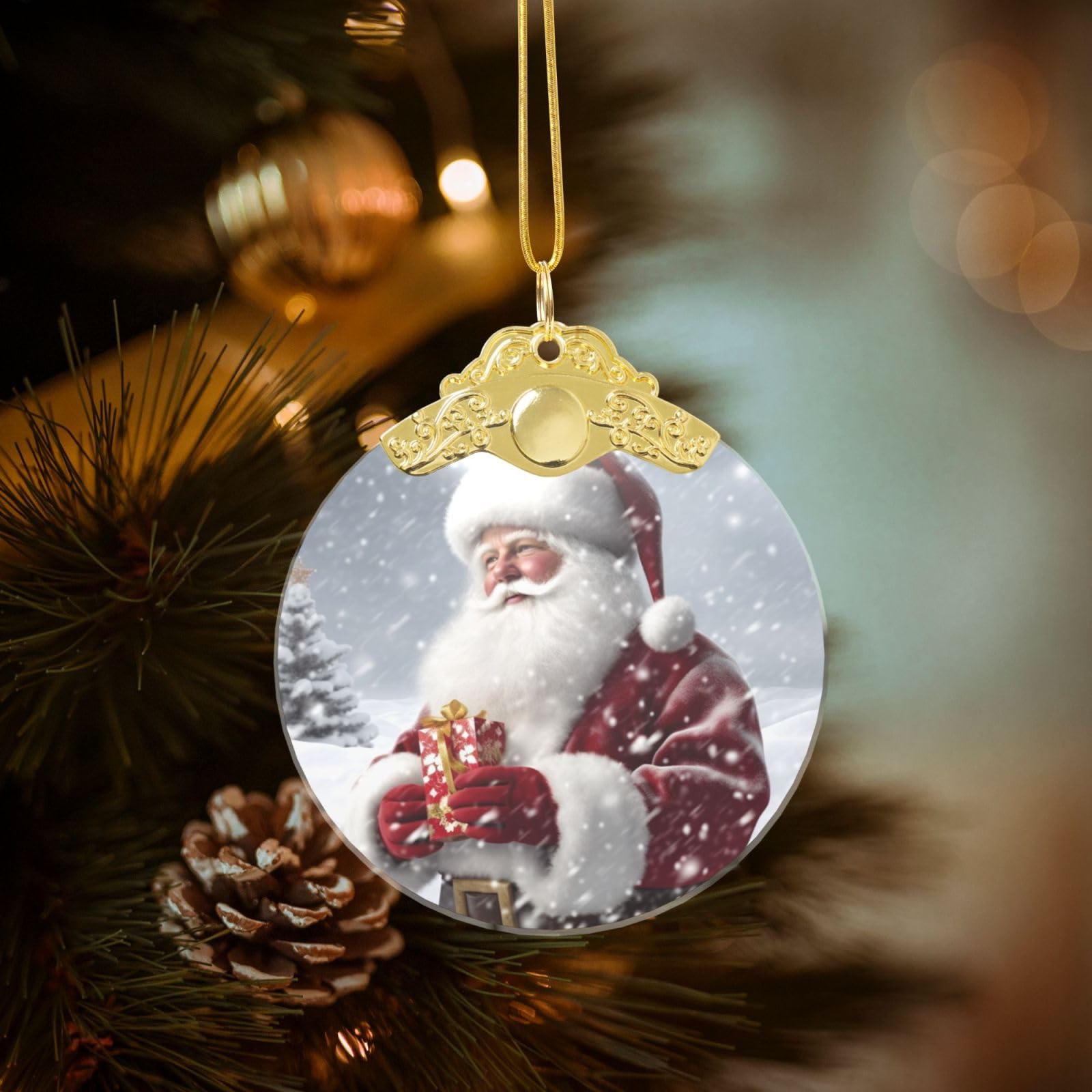 Crystal Christmas Ornaments for Christmas Tree Decoration Hanging Santa Claus Snow Secenry Ornament with Gold Ribbon Crafts Round Pendant for Keepsake Gifts Glass Xmas Decor Party Supplies