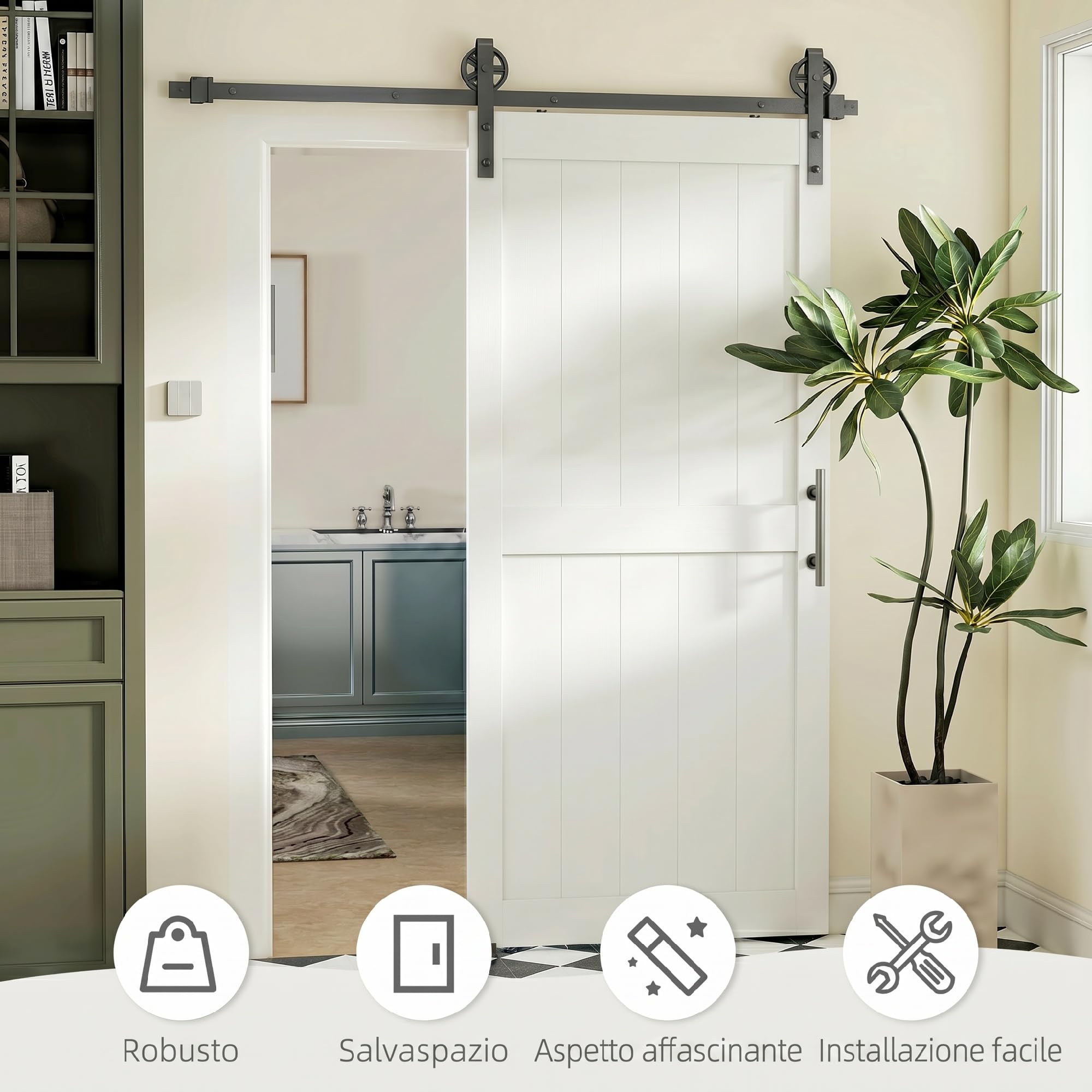 HOMCOM Porta Scorrevole Esterna Muro 91.5x213.4cm, Binario Acciaio, Maniglia Migliorato, Ruote, Porta da Interno in Stile Industriale, in MDF e Legno Pino, Impermeabile, per Cucina, Bagno, Soggiorno
