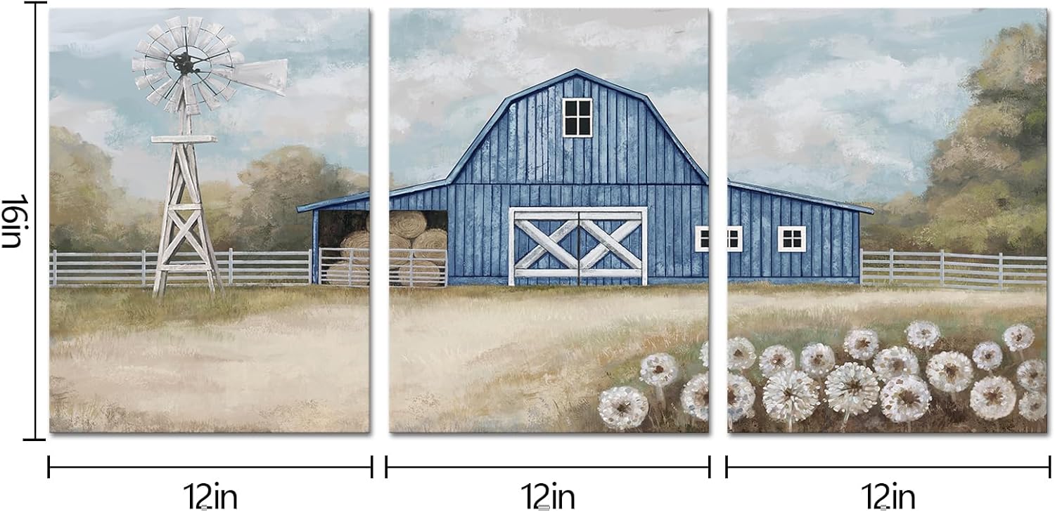 Visual Art Decor Farmhouse Wall Art Country Barn Windmill Painting Wall Decor Framed Artwork Farmhouse Landscape Wall Decor (Blue)