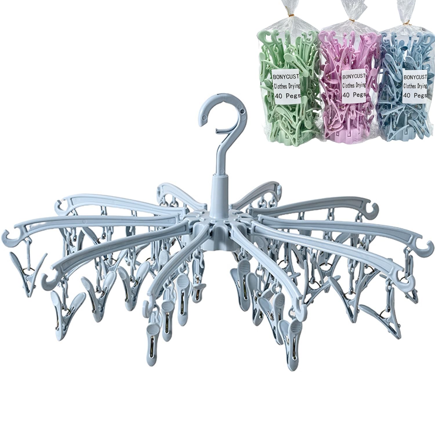 BONYCUST 40 Peg Folding Sock Hanging Rotatable Drying Rack Hanger Sock Dryer for Lingerie Clothes Shoe Insoles Underwear Baby Clothes & Hats (Blue)
