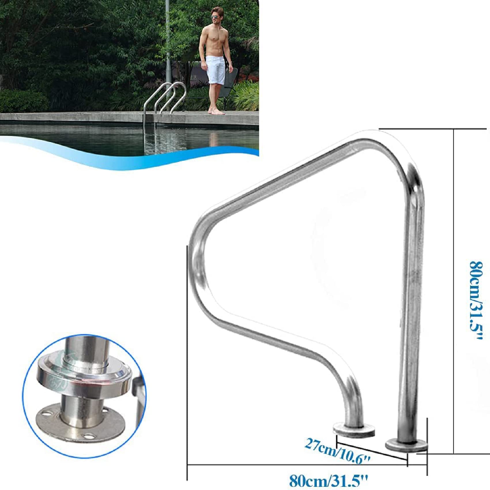 Pasamanos de piscina, pasamanos de seguridad de acero inoxidable 304 con base de montaje rápido, ideal para piscinas de jardín y patio, pasamanos de escalera de spa de fácil instalación