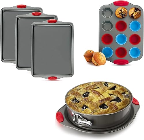 Boxiki Kitchen Juego de utensilios antiadherentes para hornear bandeja de 3 piezas para hornear, mini molde para magdalenas de 12 tazas con