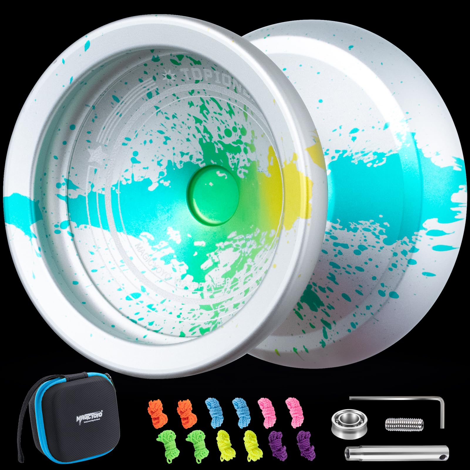 MAGICYOYOV12 Yoyo Professional Finger Spin Yoyo, Responsive Yoyo for Kids 8-12, Unresponsive Yo yo for Adults, Dual Function Trick Yoyo with 12 Yoyo Strings, Yo-Yo Accessory Kit (Silver Green Yellow)