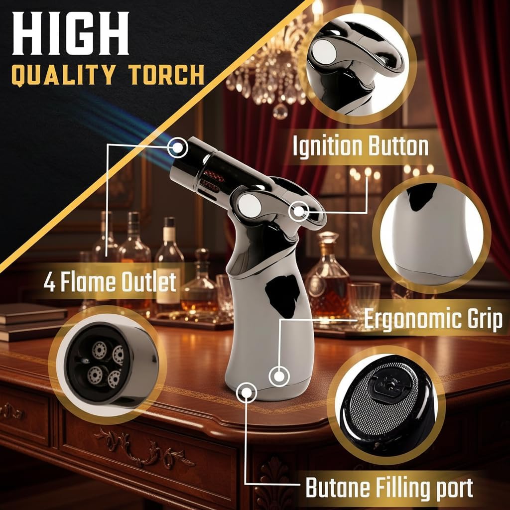 Whiskey Smoker Kit | Cocktail Smoker Kit| Bourbon Smoker Kit| Old Fashioned Smoker Kit with Quad Flame Torch, 6 Wood Chips & Wooden Box for Smoking Drinks| Whiskey Gift for Men (No Butane Incl.)