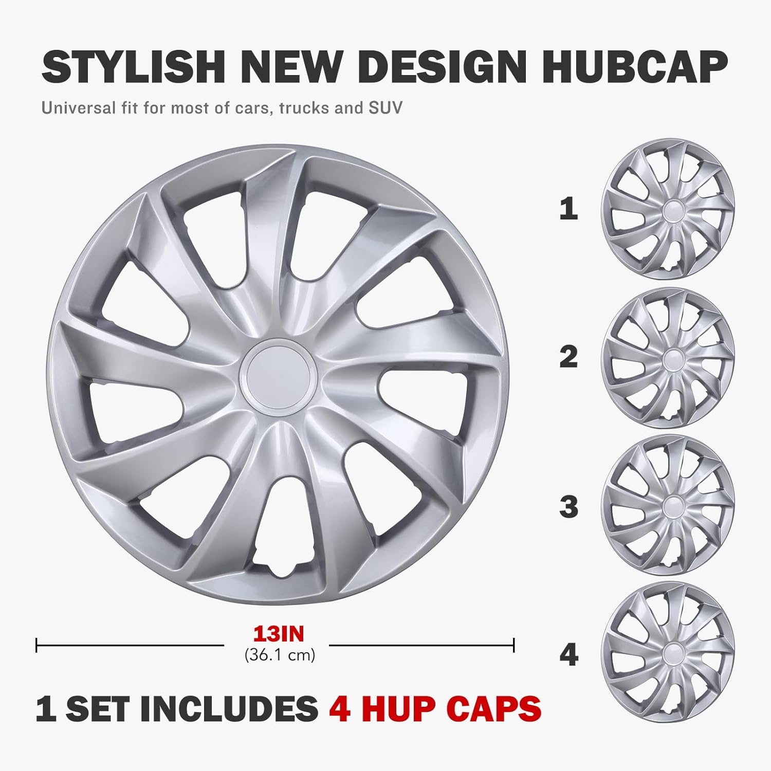 AUTOWIKI 4-Pack 13 Inches Wheel Rim Cover Hubcaps, Fashion Style Replacement 13" Hubcaps fit on Car Truck SUV Hub Accessories Silver Color