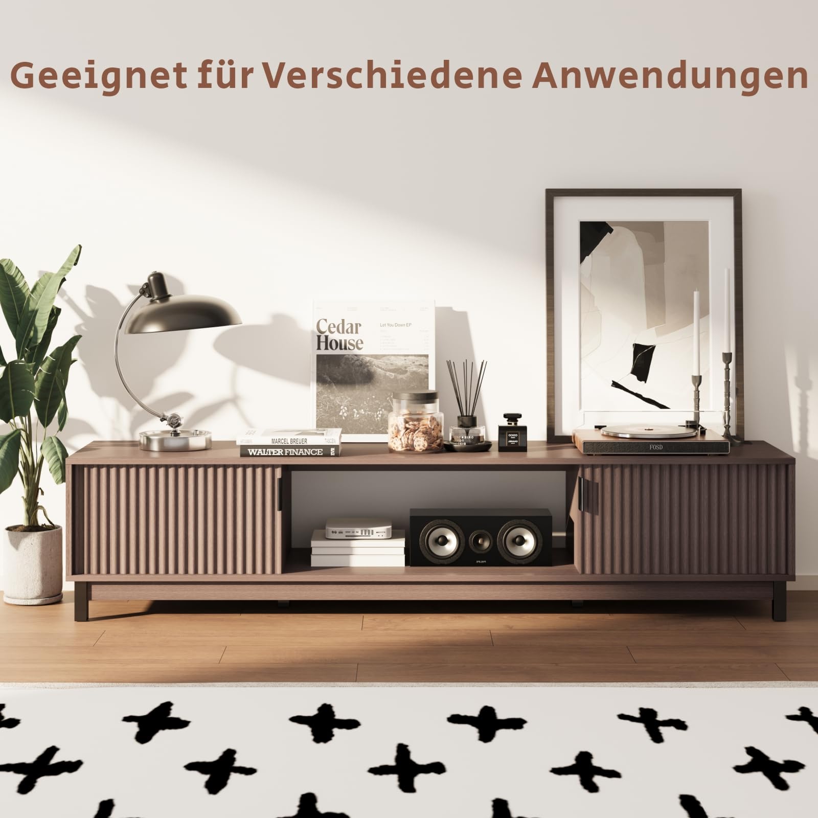 178 cm TV Lowboard für Fernseher bis 80 Zoll, TV Board mit Steckdose & USB-Anschluss, Modernes TV Schrank mit 2 Türen und Offenen Fächern, Braun