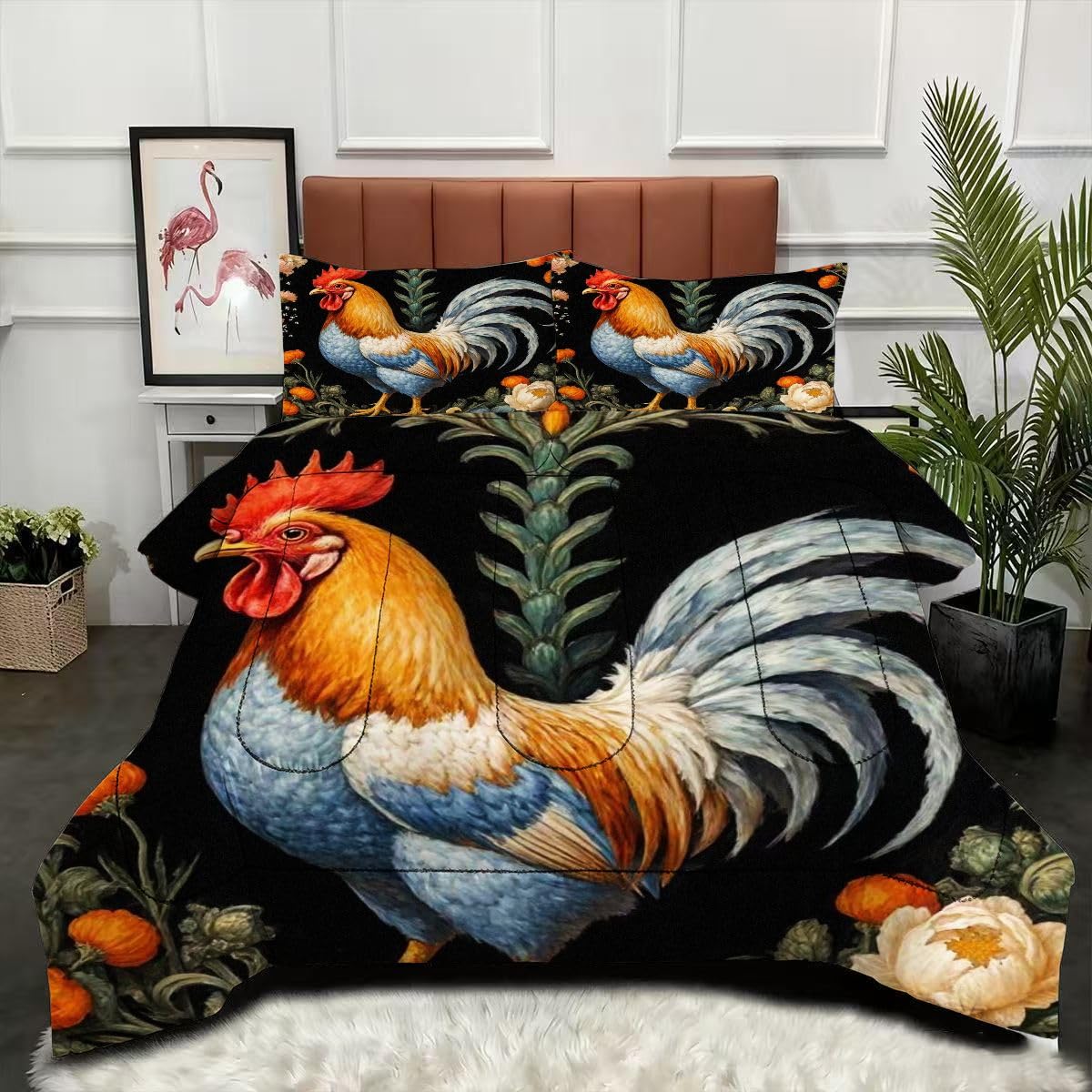 Couette 3D Coq Fleurs pour une chambre à l'ambiance champêtre et bucolique
