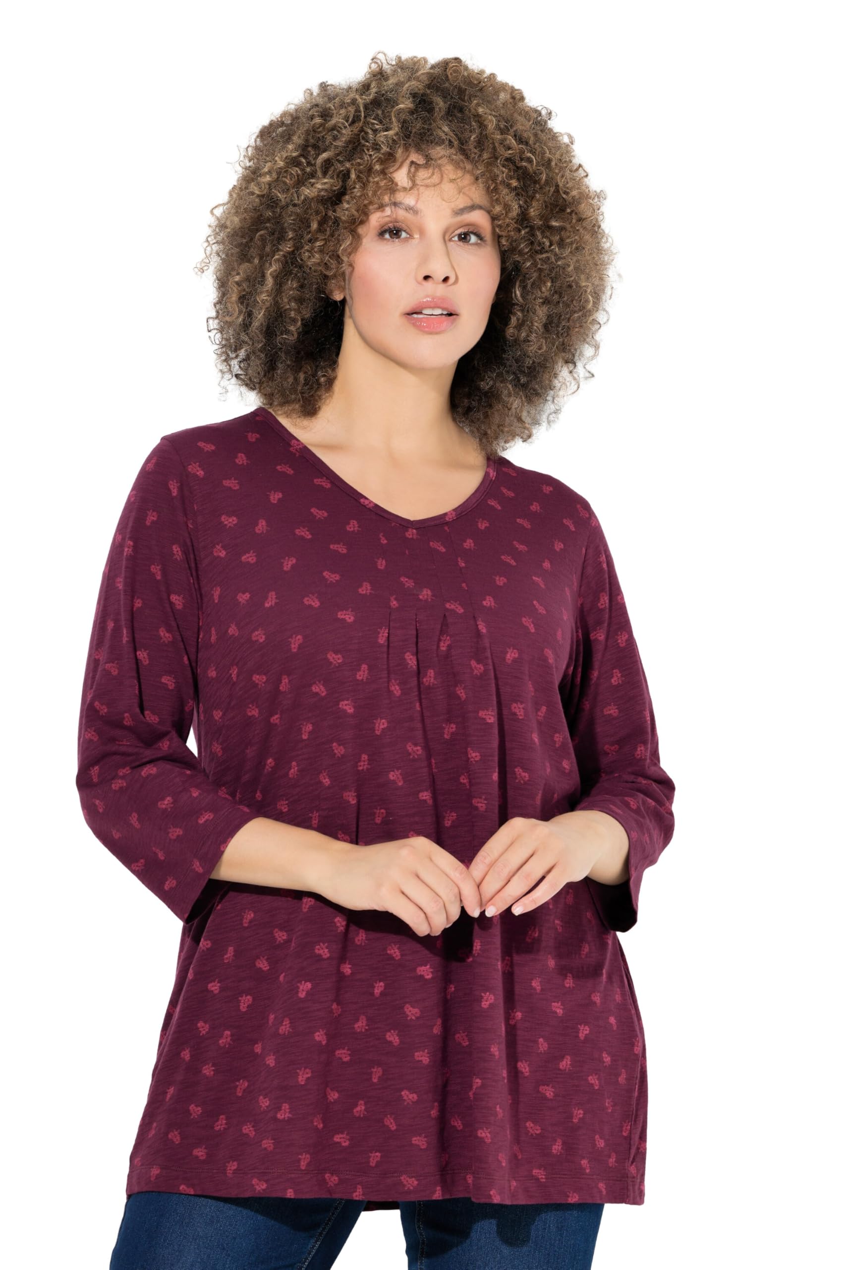 Ulla Popken Damen große Größen Übergrößen Plus Size Shirt, Blüten, A-Linie, V-Ausschnitt, 3/4-Arm 843690