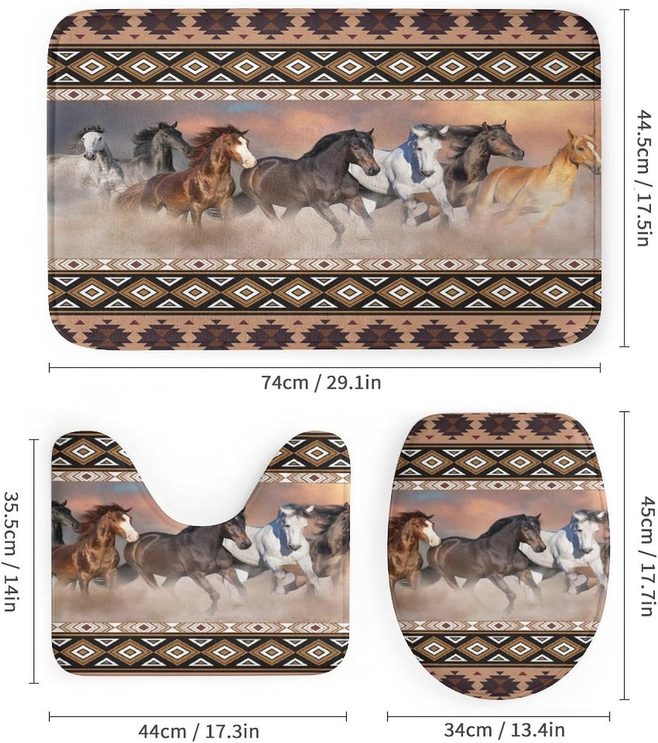 Rustic Aztec Horse 4 Pieces Shower Curtain Set,Boho Abstract Tribal Farmhouse Western Desert Horse Non-Slip Rugs Toilet Lid Cover Bath Mat and Bathroom Curtain