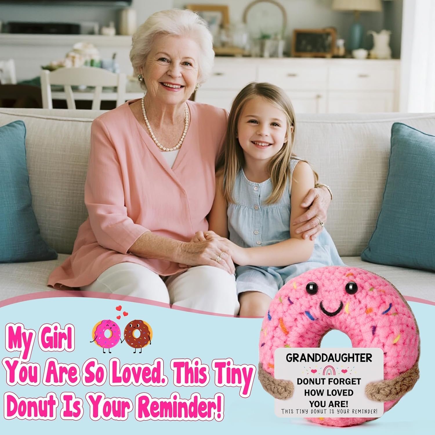 Birthday Granddaughter Gifts from Grandma - Handmade Crochet Donut Emotional Valentine Valentine's Valentines Day Positive Gift for Granddaughters from Grandmother Grandpa Grandparents - Image 5
