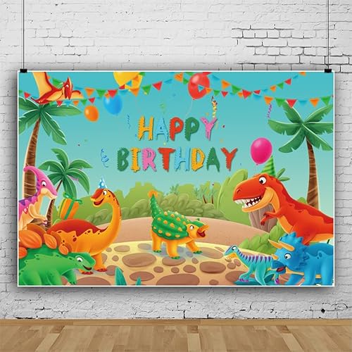 Miniatura 3 de Renaiss Telón de fondo de fiesta temática de dinosaurios de 8 x 6 pies, globos de flores tropicales, palmeras, fondo de fotografía para niños,