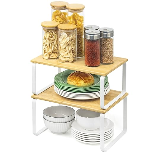JMLHMXC Cabinet Storage Rack, 2-Piece Kitchen Countertop Shelf, Kitchen Storage Rack, Spice Rack, Stackable, Expandable - White Legs