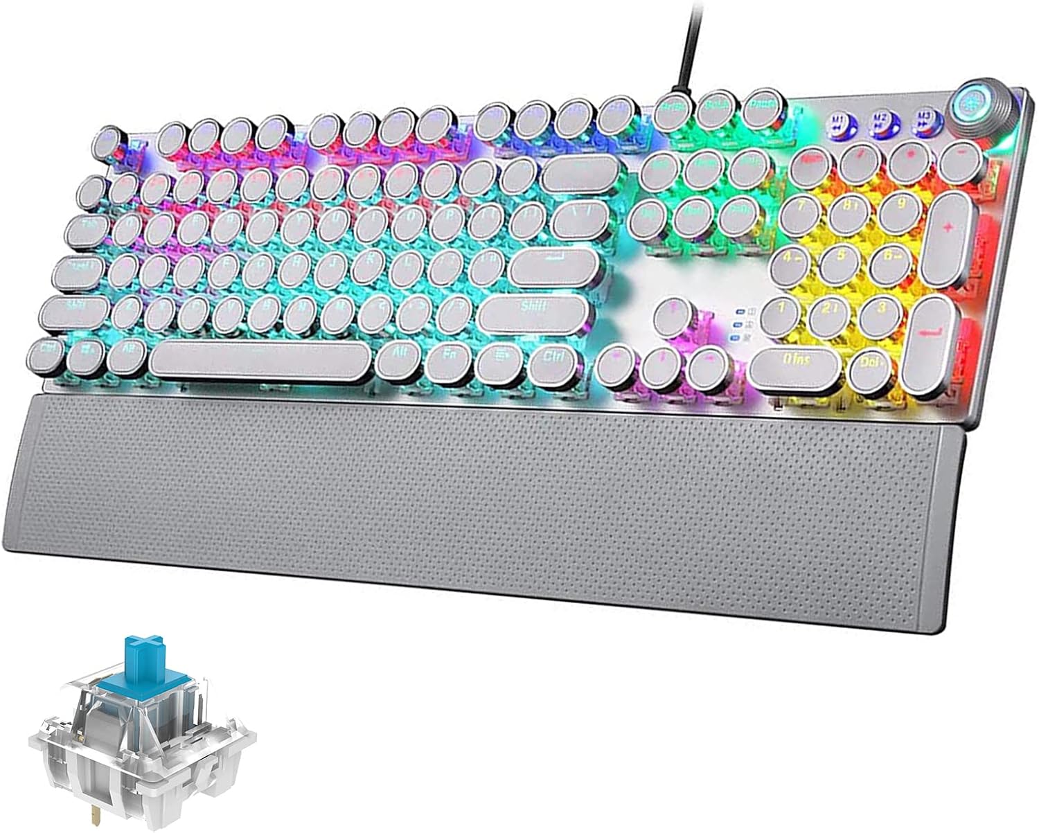 White Mechanical Gaming Keyboard, 26 LED Rainbow Backlit,104 Anti-ghosting Metal Penal Keyboard,Blue Switch with Removable Wrist Rest,Round Keycaps Multimedia Control for Game and Office, MAC/PC