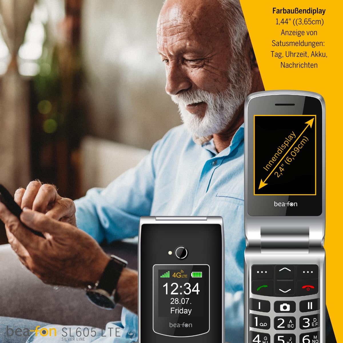 Beafon, SL605 LTE 4G, Silverline, Klapphandy, Seniorenhandy mit Notrutaste, Farbinnendiplay 2,4" (6,09cm) / Farbaußendiplay 1,44" (3,65cm), IP54
