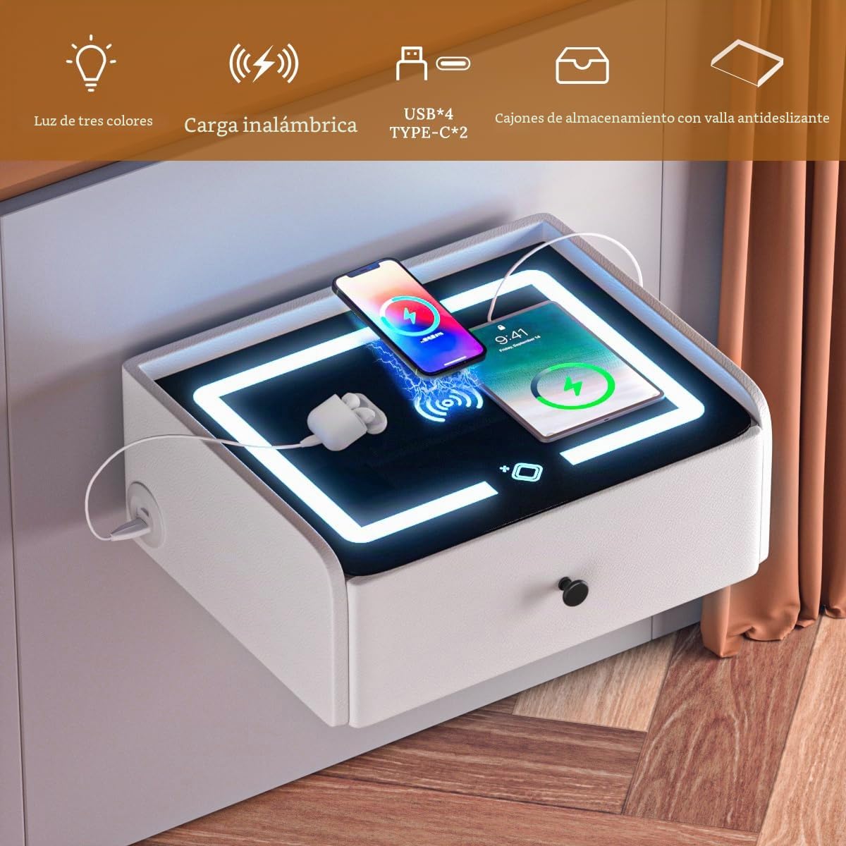 Mesita de noche flotante LED con función de carga - Mesita de noche inteligente - Opciones de dormitorio para jóvenes blancos.
