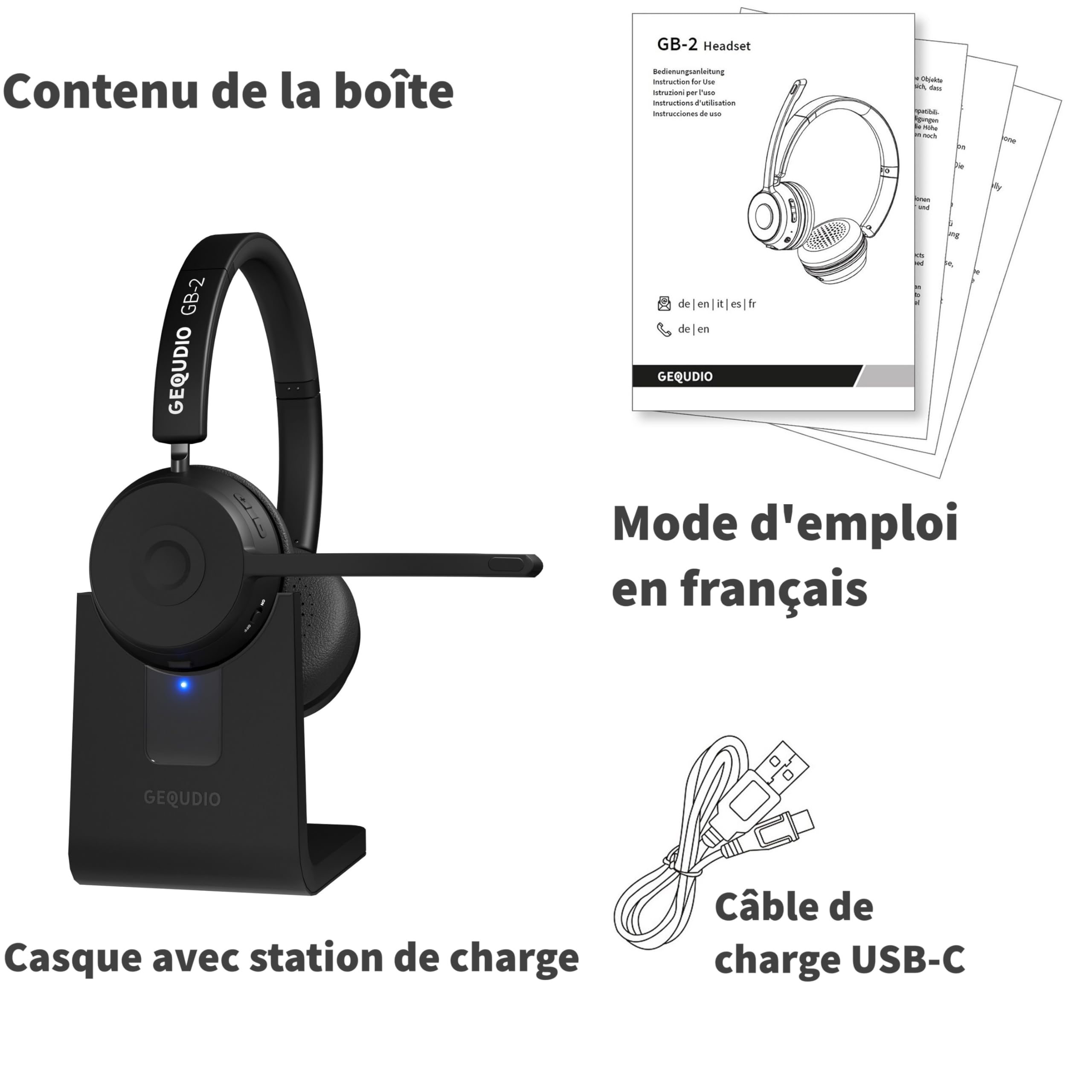 GEQUDIO GB-2 Casque avec microphone Bluetooth | Casque sans fil | Réduction passive du bruit | Connectez 2 appareils simultanément (téléphone portable, PC, ordinateur portable) | Casque sans fil |