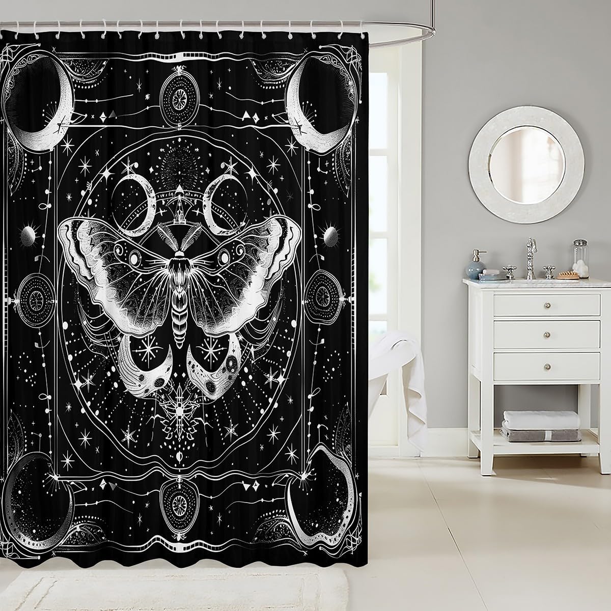 Feelyou Death Moth Bath Curtain 72"x78" Sun and Moon Shower Curtain for Kids Boho Moth Bathroom Shower Curtain Set Teens Decor Gothic Black and White Kids Bathroom Accessories