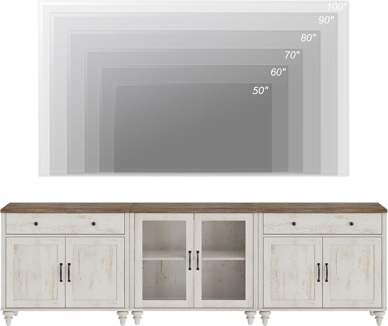 WAMPAT Farmhouse TV Stand for 100 Inch TV, 3-in-1 TV Console Table for 75/80/85/90 Inch TV, Entertainment Center with Glass & Wood Door, Kitchen Sideboard Buffet Cabinet for Living Room, Rustic White